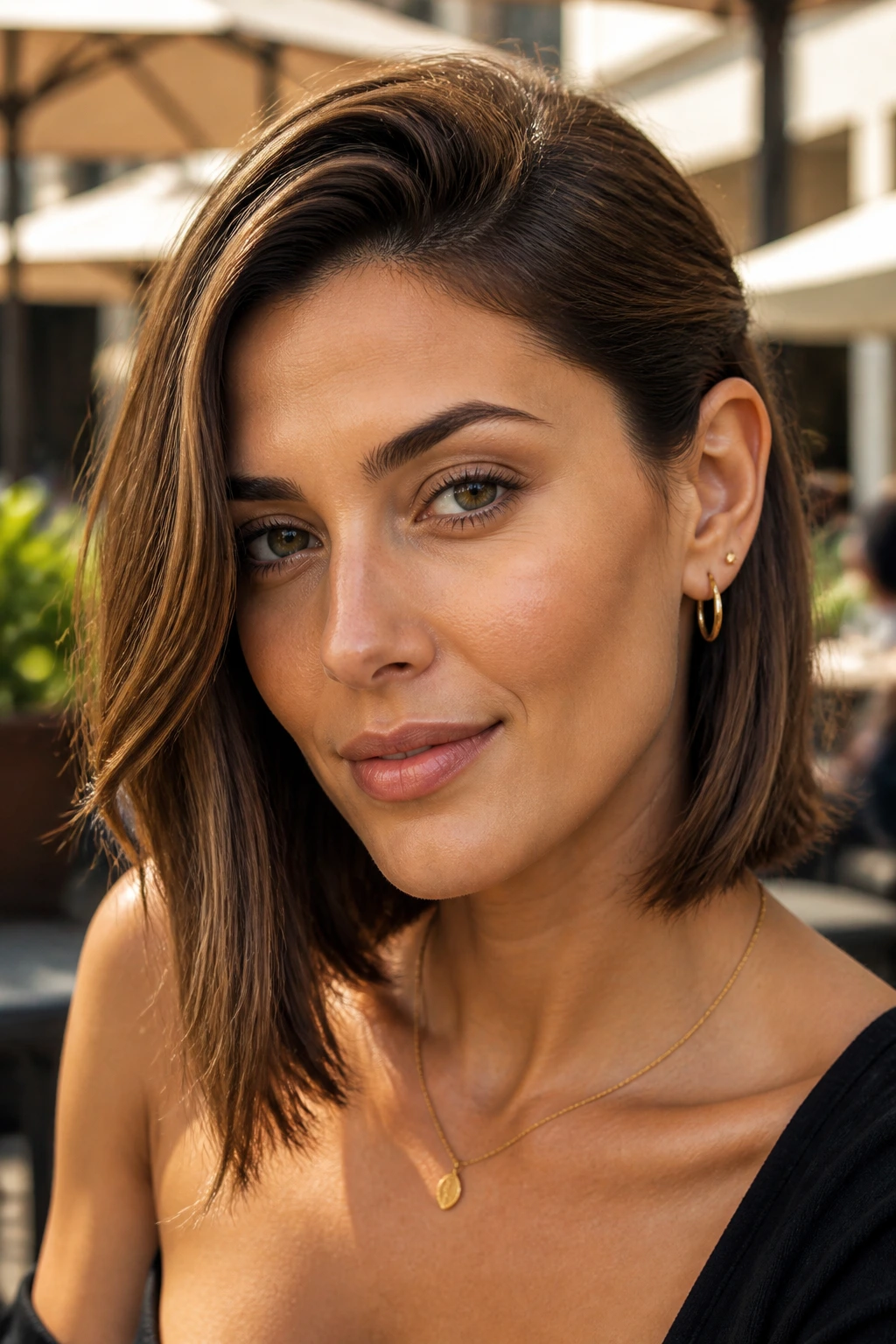 Close-up of a real woman with a tucked-behind-ear lob in sunlight
