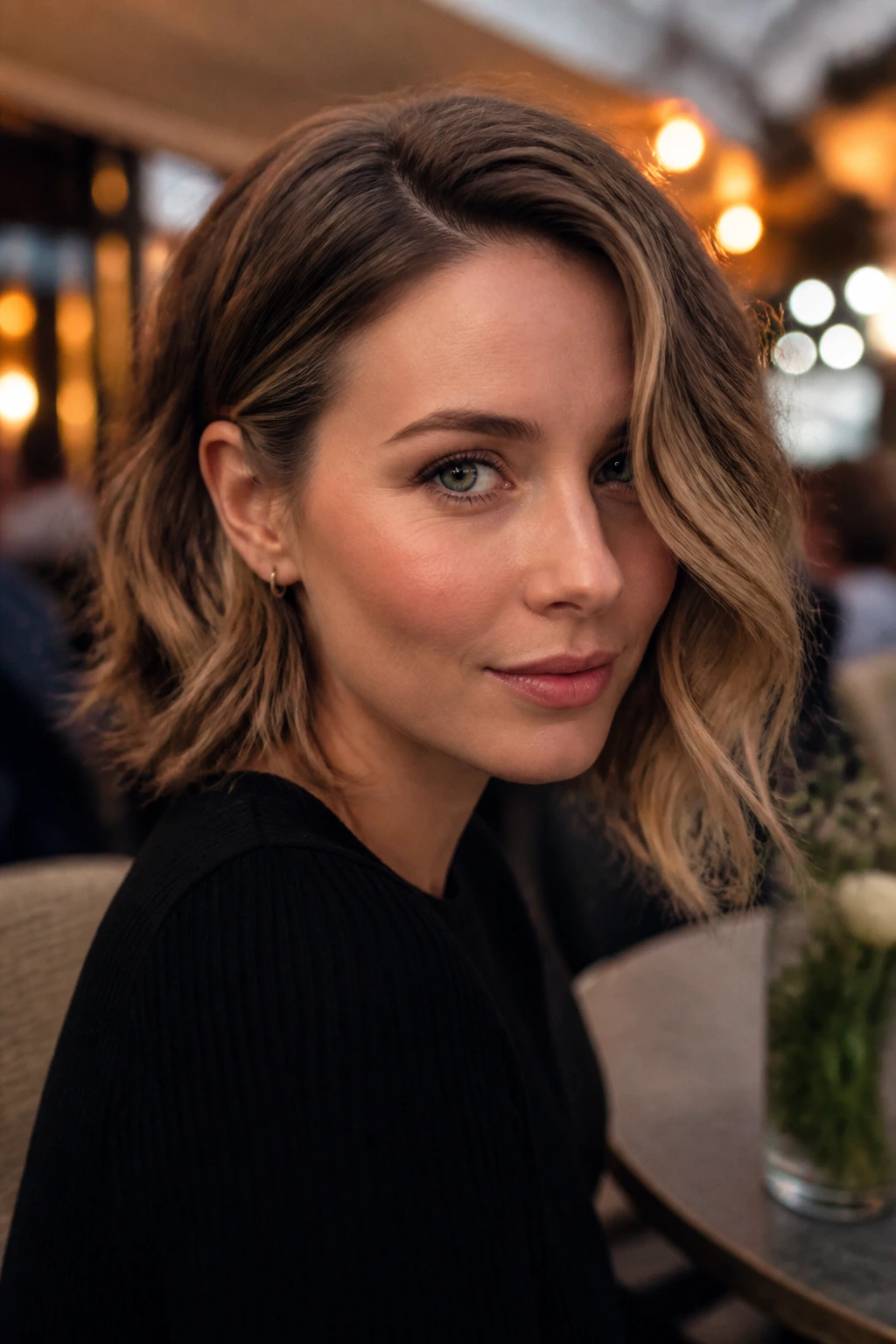 Close-up of a real woman with a tucked-behind-ear lob and one deep bend.