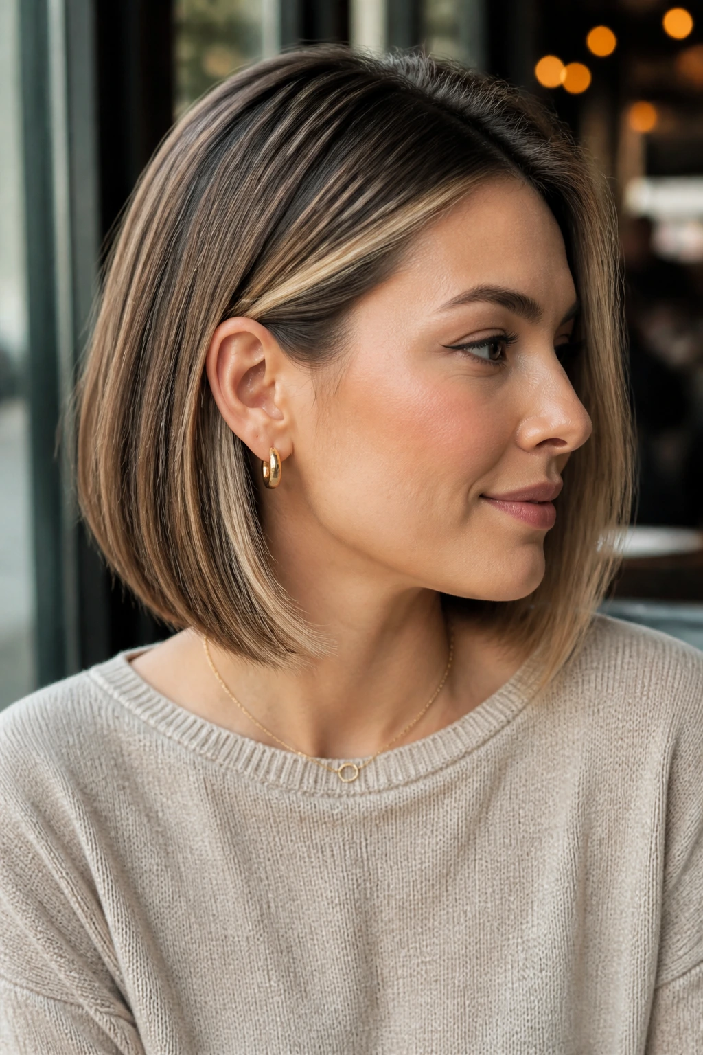 Close-up of a real woman with tucked-behind-ear lob and bright edges