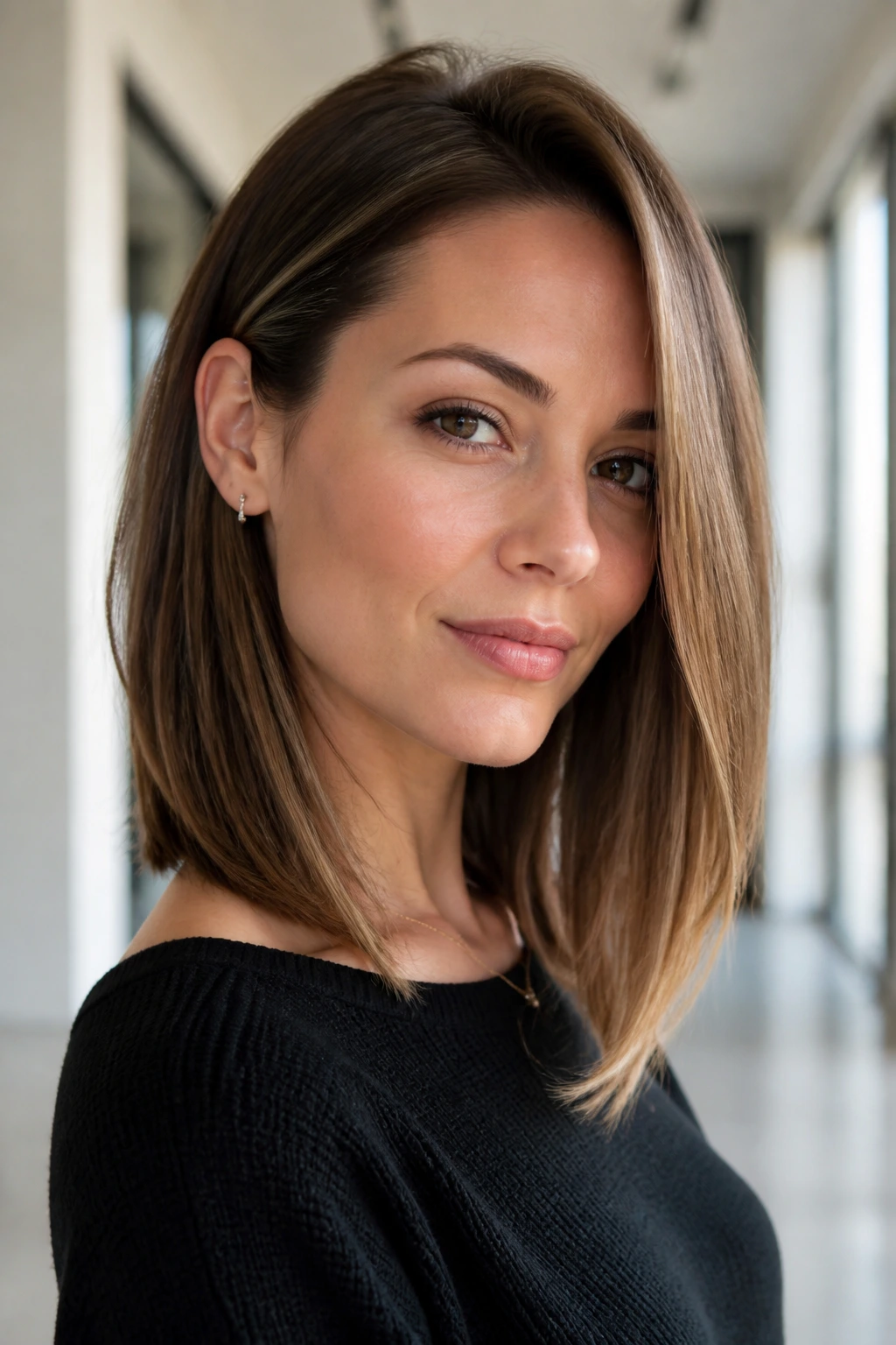 Close-up of a real woman with one side tucked behind the ear and long face-framing hair