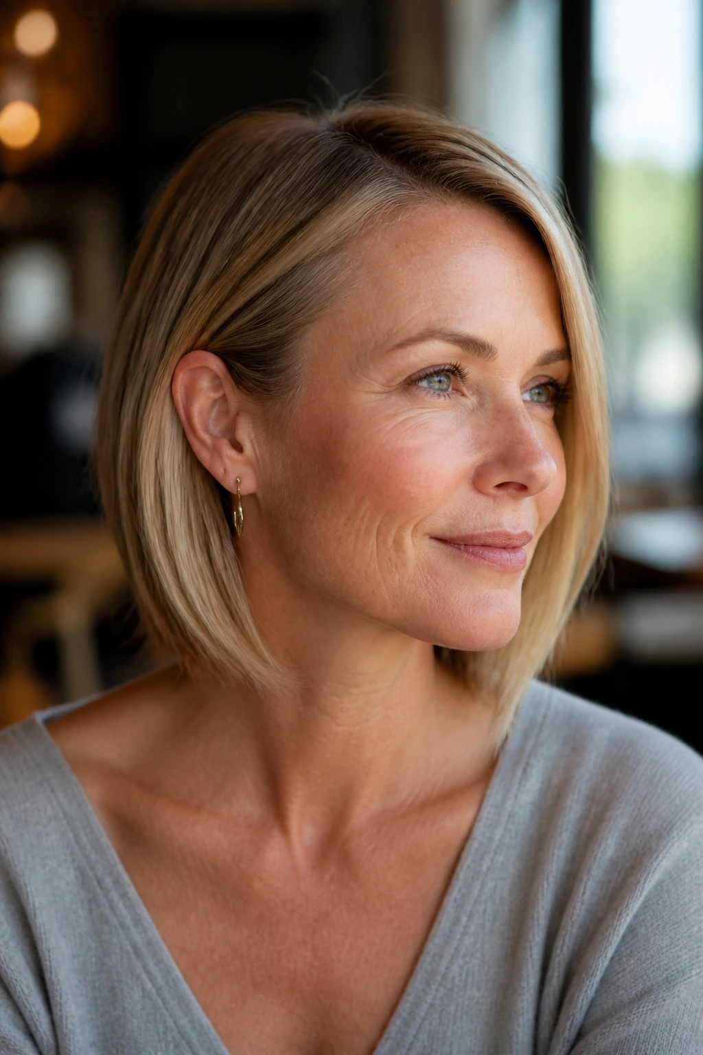 Close-up of a woman showing a tucked-behind-ear lob with one side tucked and the other side framing the face