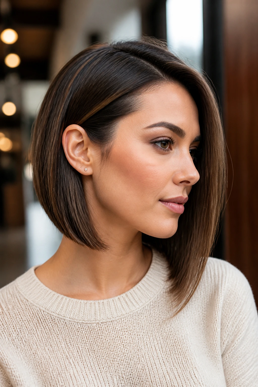 Profile of tucked-behind-ear polished lob on a real person