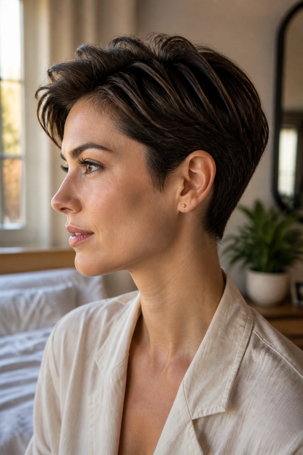 Real woman with tucked-behind-ear pixie, side profile
