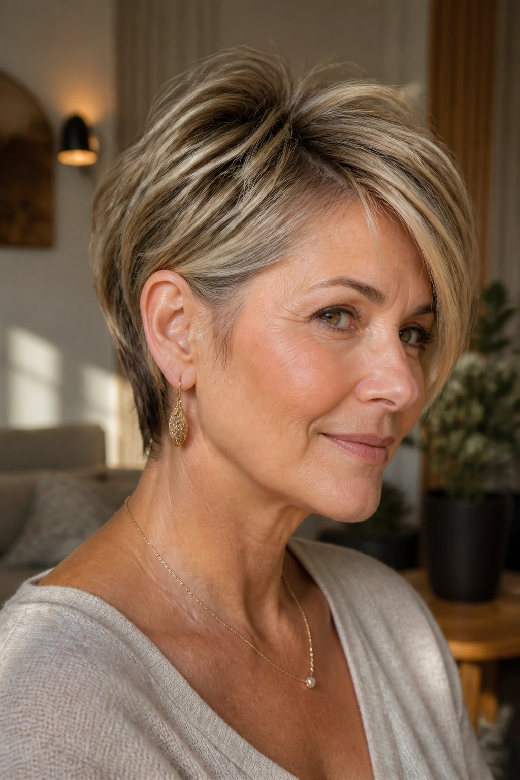 Close-up portrait of tucked-behind-ear pixie with feathered sides