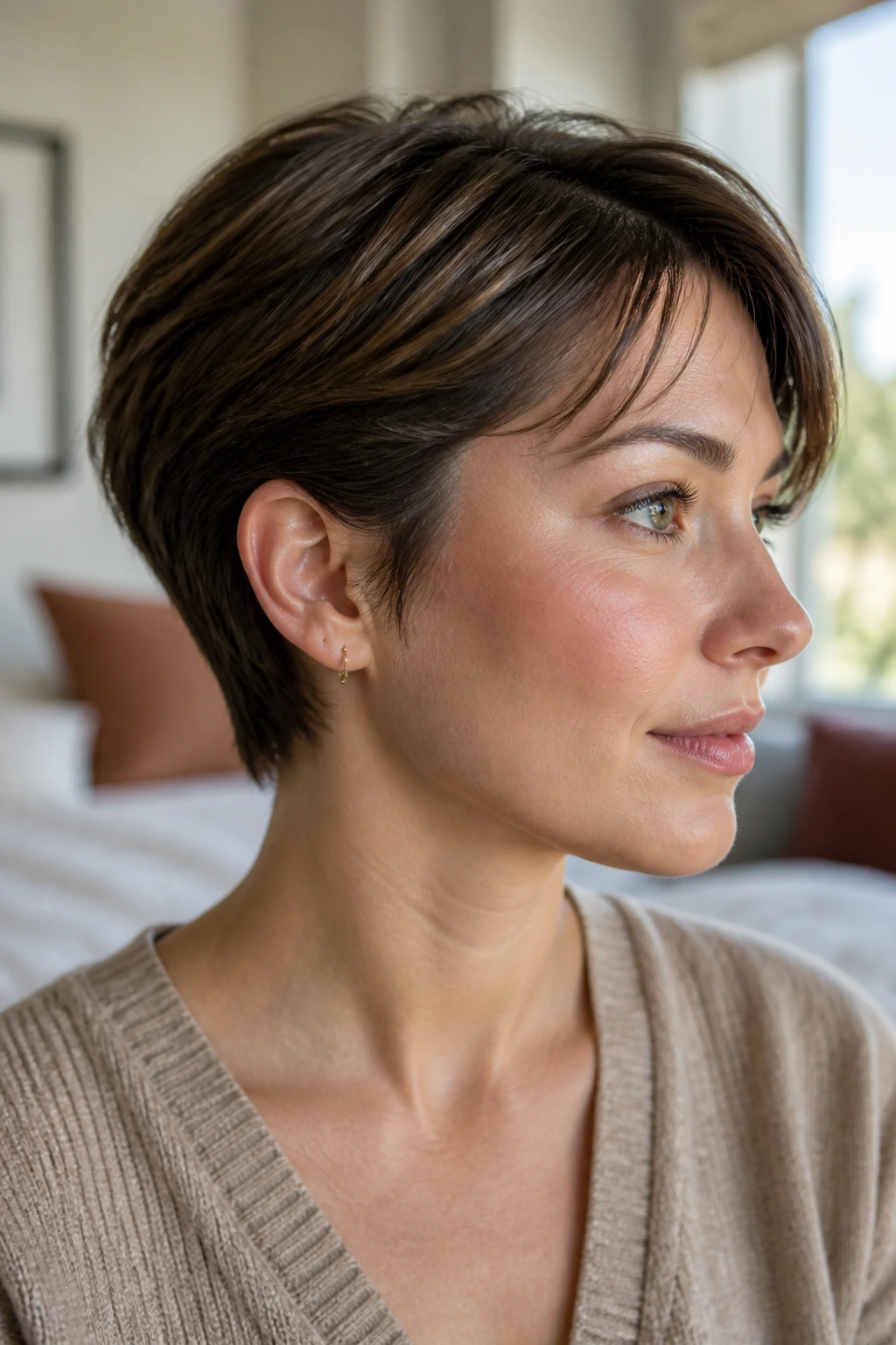 Close-up of a real woman showing a tucked-behind-ear pixie with ear visible and temple-length hair