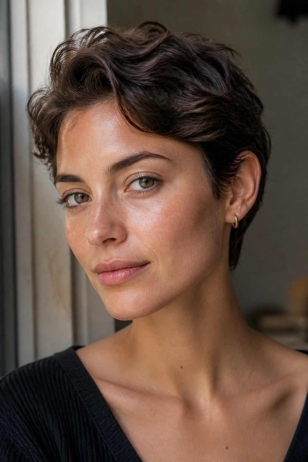 Close-up portrait of a real woman wearing a tucked-behind-ear pixie with sweepable sides.