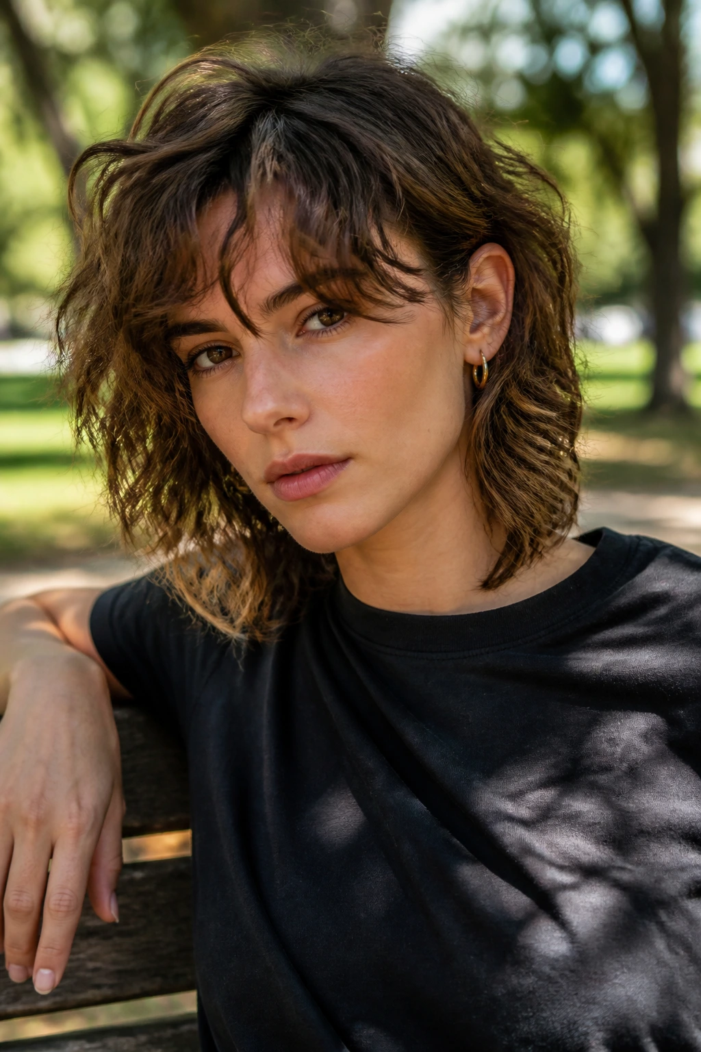 Portrait of a real person with hair tucked behind one ear in a shag
