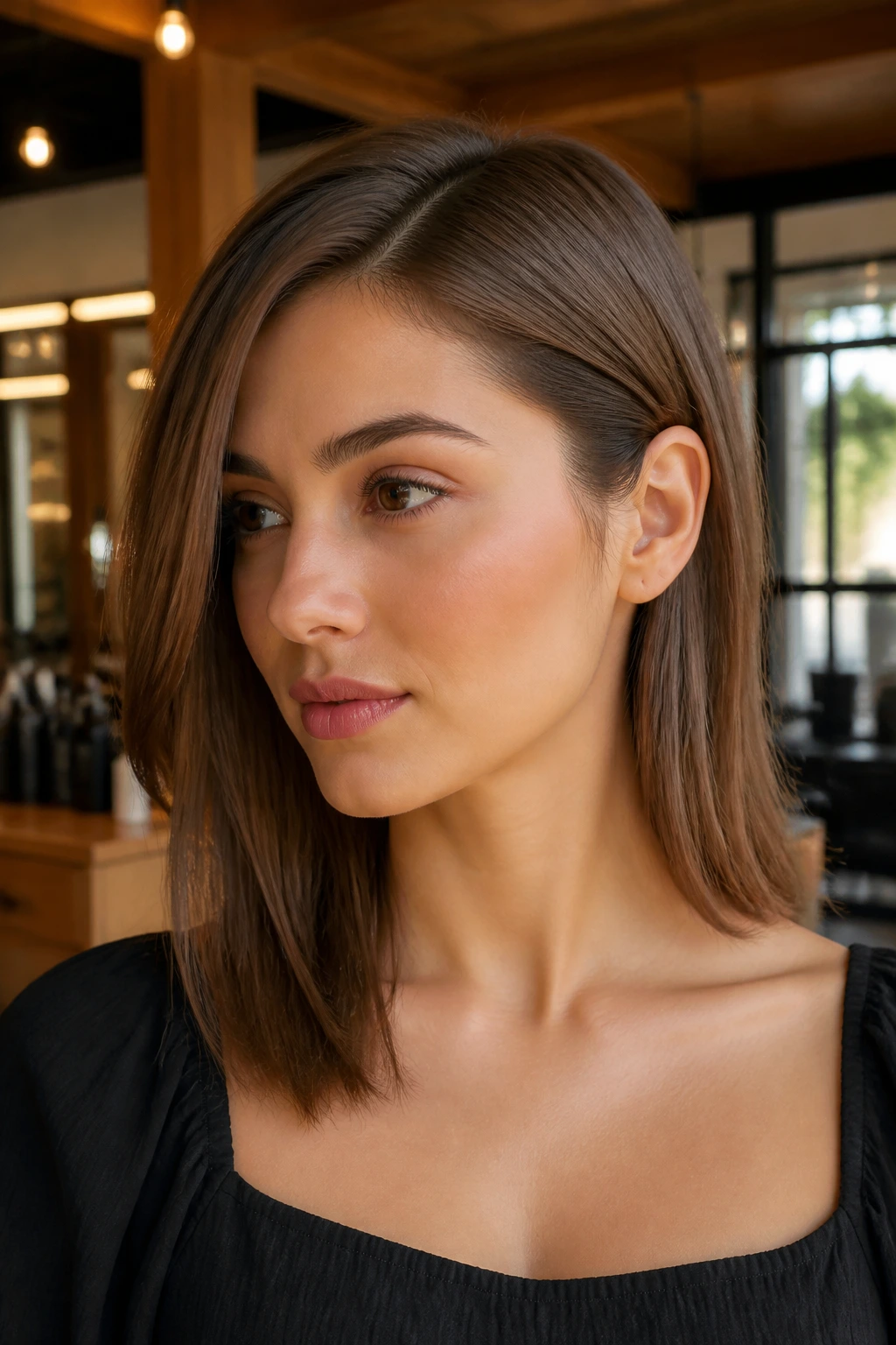 Close-up of a real woman with tucked-behind-ear side sweep in straight hair showing jawline