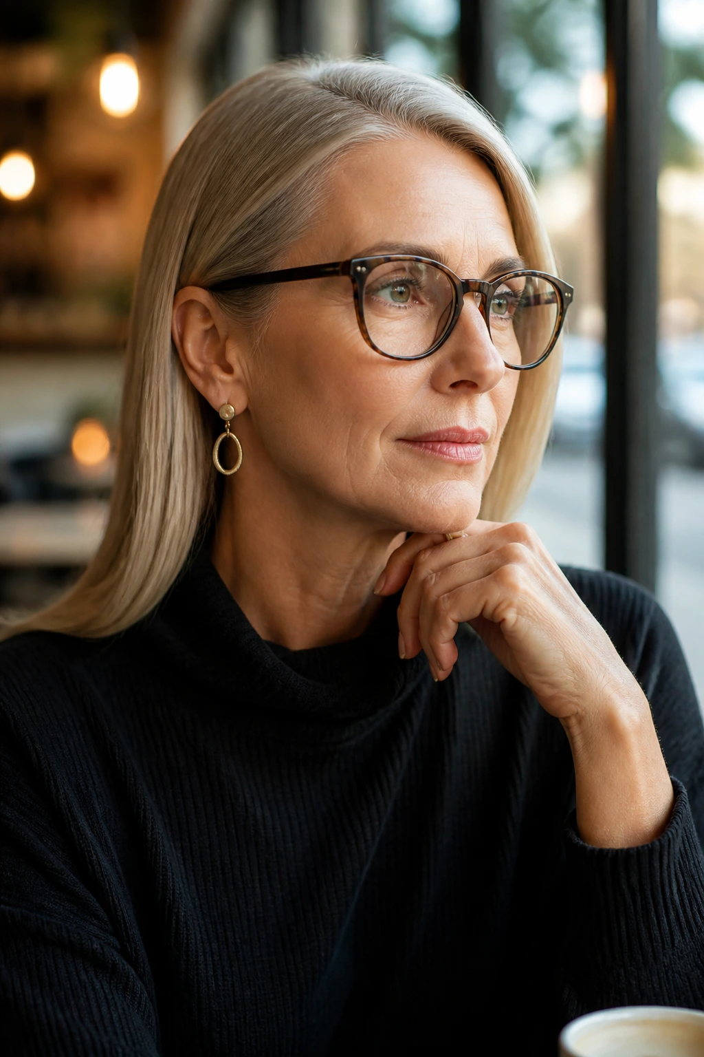 Close-up portrait of a real woman with hair tucked behind one ear revealing cheekbone and earrings