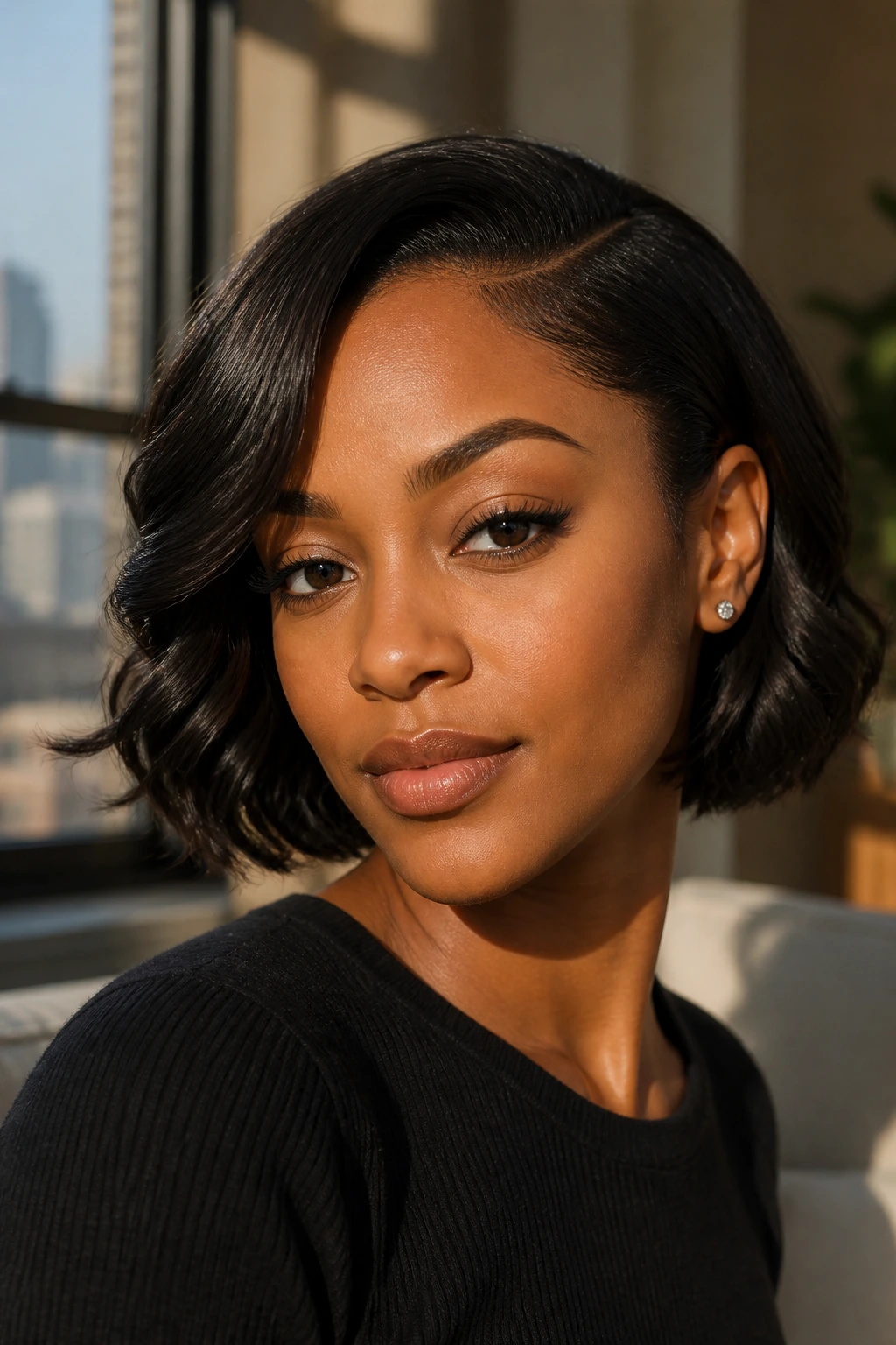 Close-up of a Black woman with a tucked-behind-ear sleek wavy bob