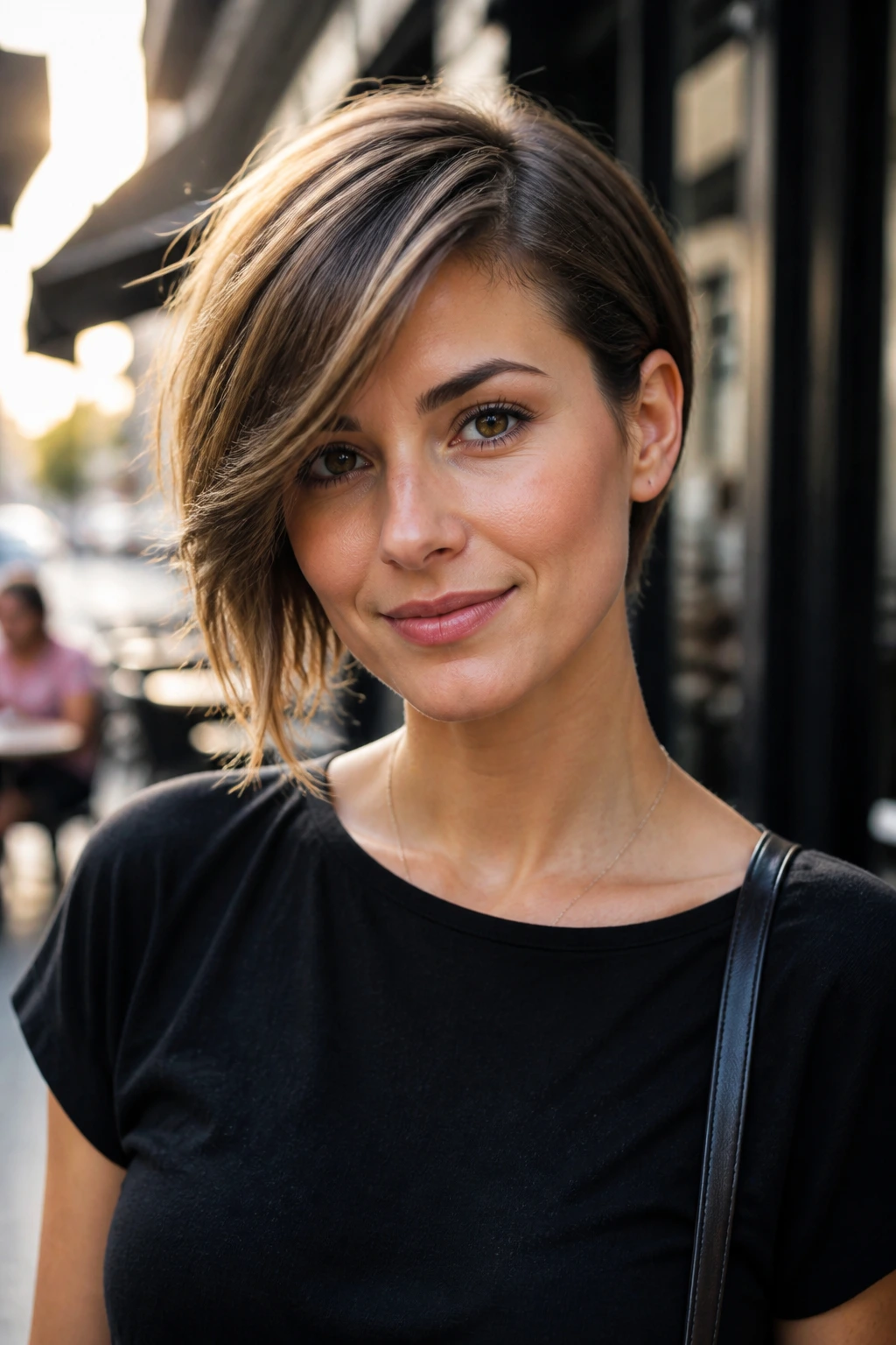 Close-up portrait of a real woman with one side tucked behind the ear in an asymmetric sweep
