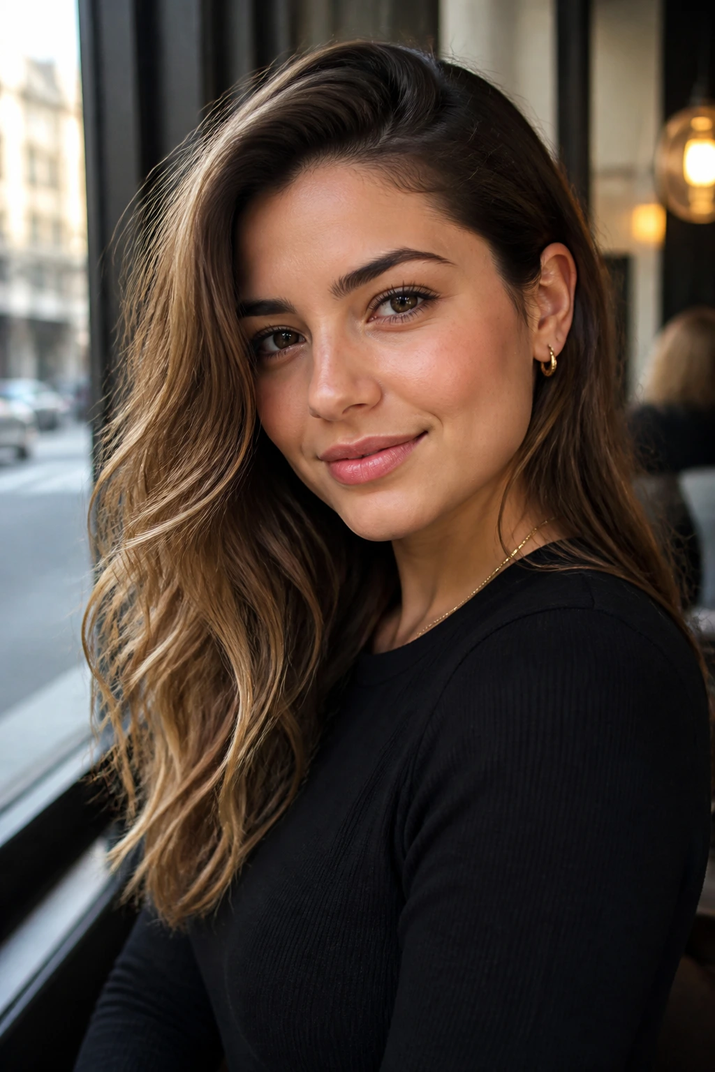 Close-up of tucked-behind-ear waves on a real woman, creating subtle asymmetry.
