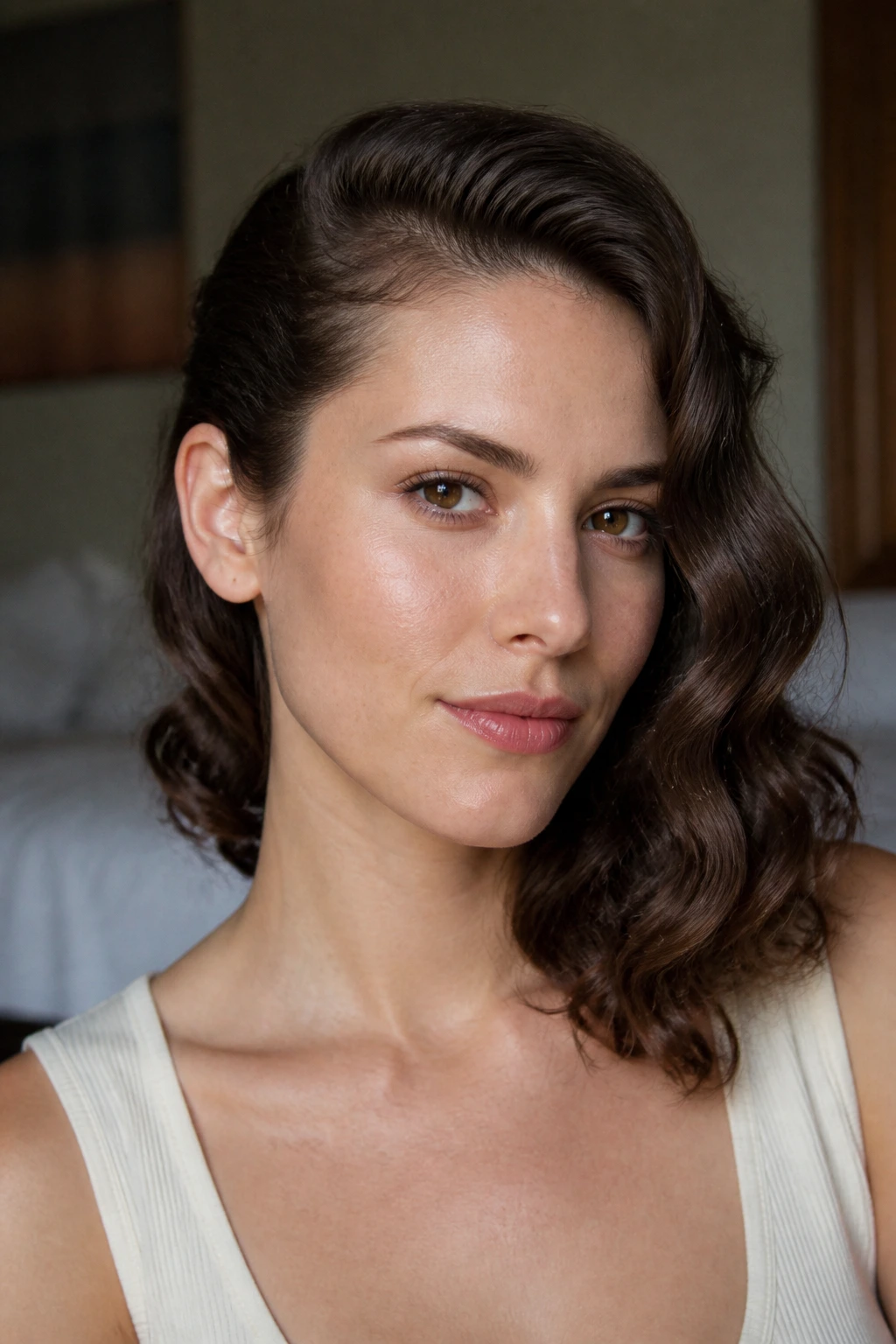 Real woman with hair tucked behind the ear and soft waves on the other side