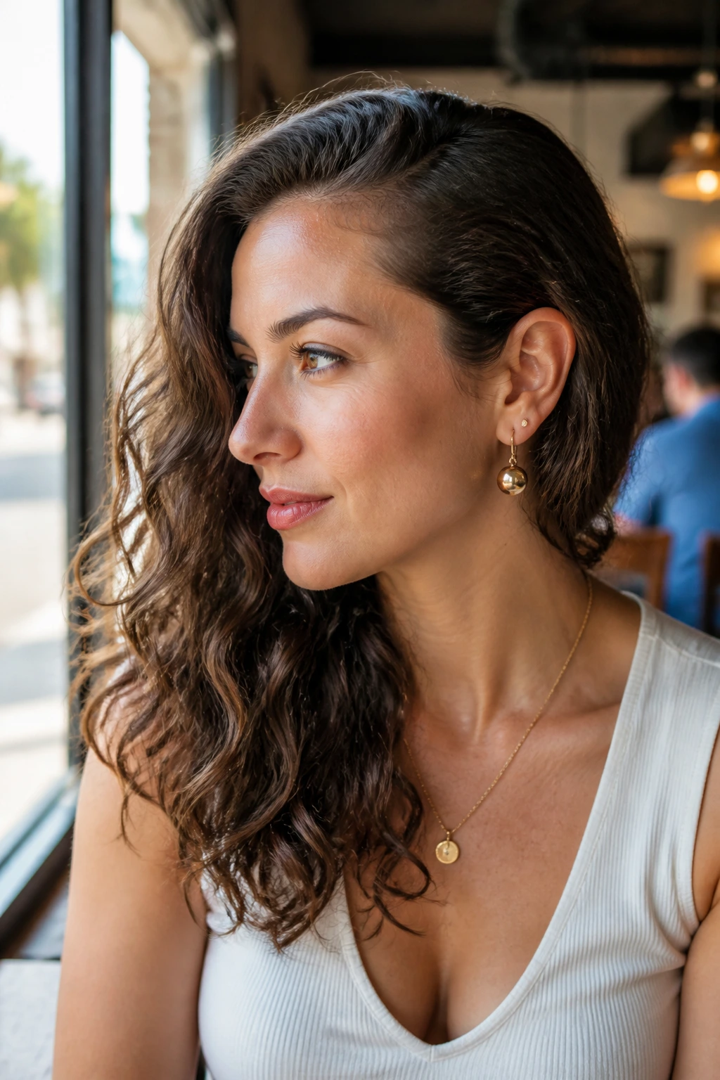 Side-profile close-up of a real woman with one ear tucked behind and waves visible