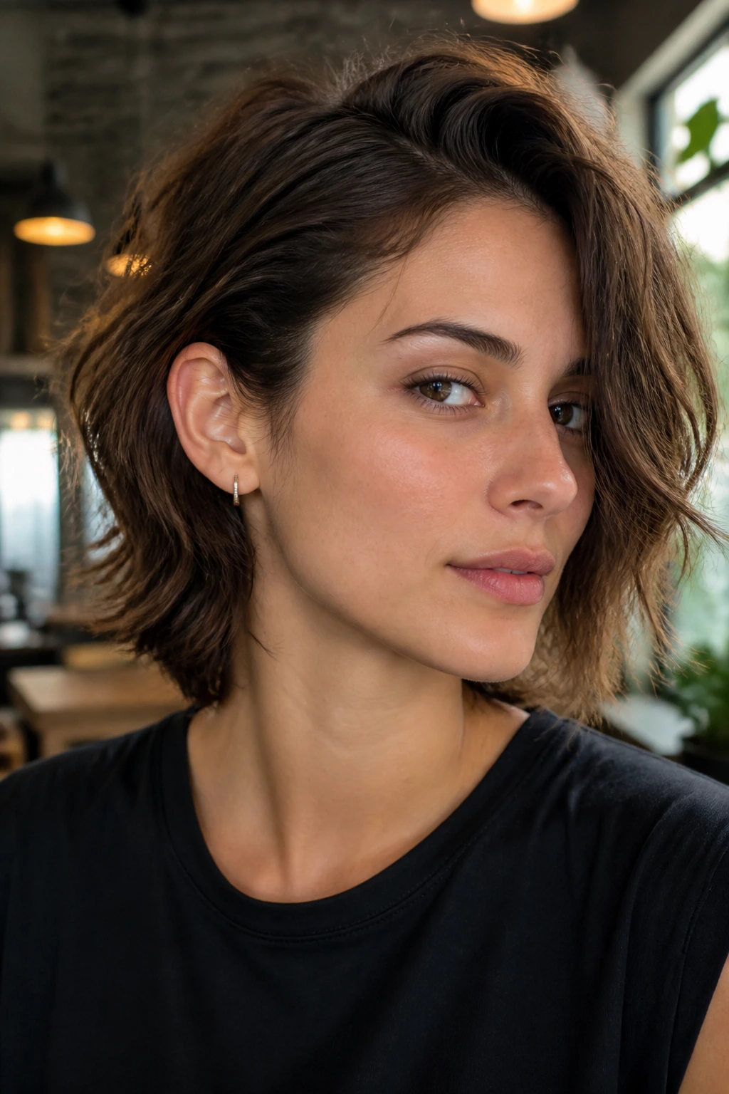 Close-up portrait of a real woman with a tucked-behind-ear wolfcut