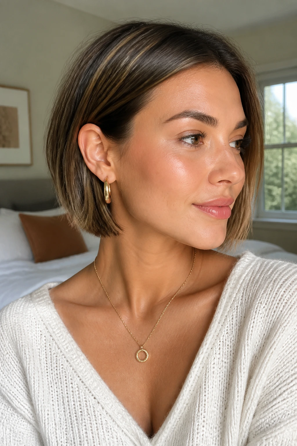 Close-up portrait of a real woman with tucked-behind-ears bob