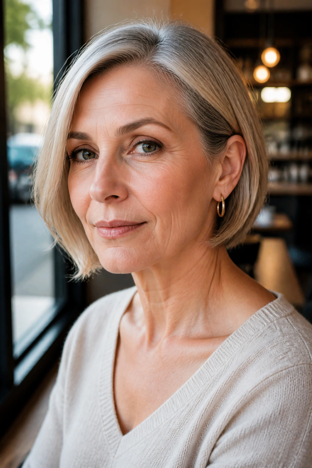 Real woman with tucked-behind-the-ears bob in natural daylight