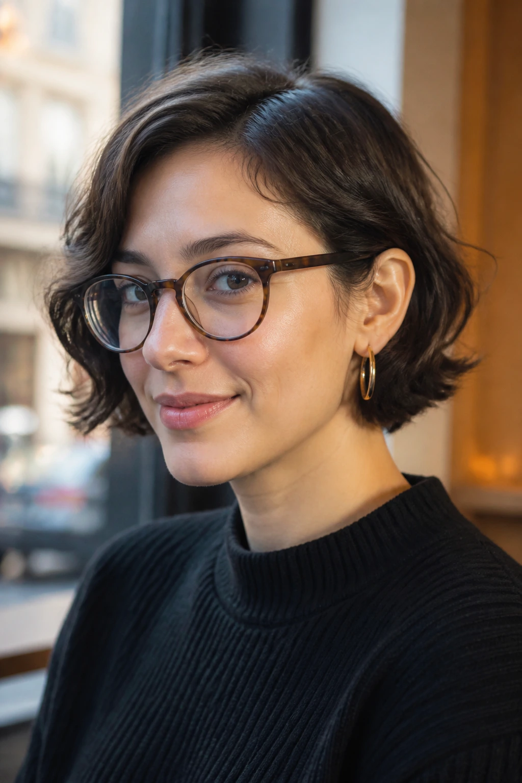 Close-up of a real woman with a tucked-behind-ears bob; ears neatly tucked behind.