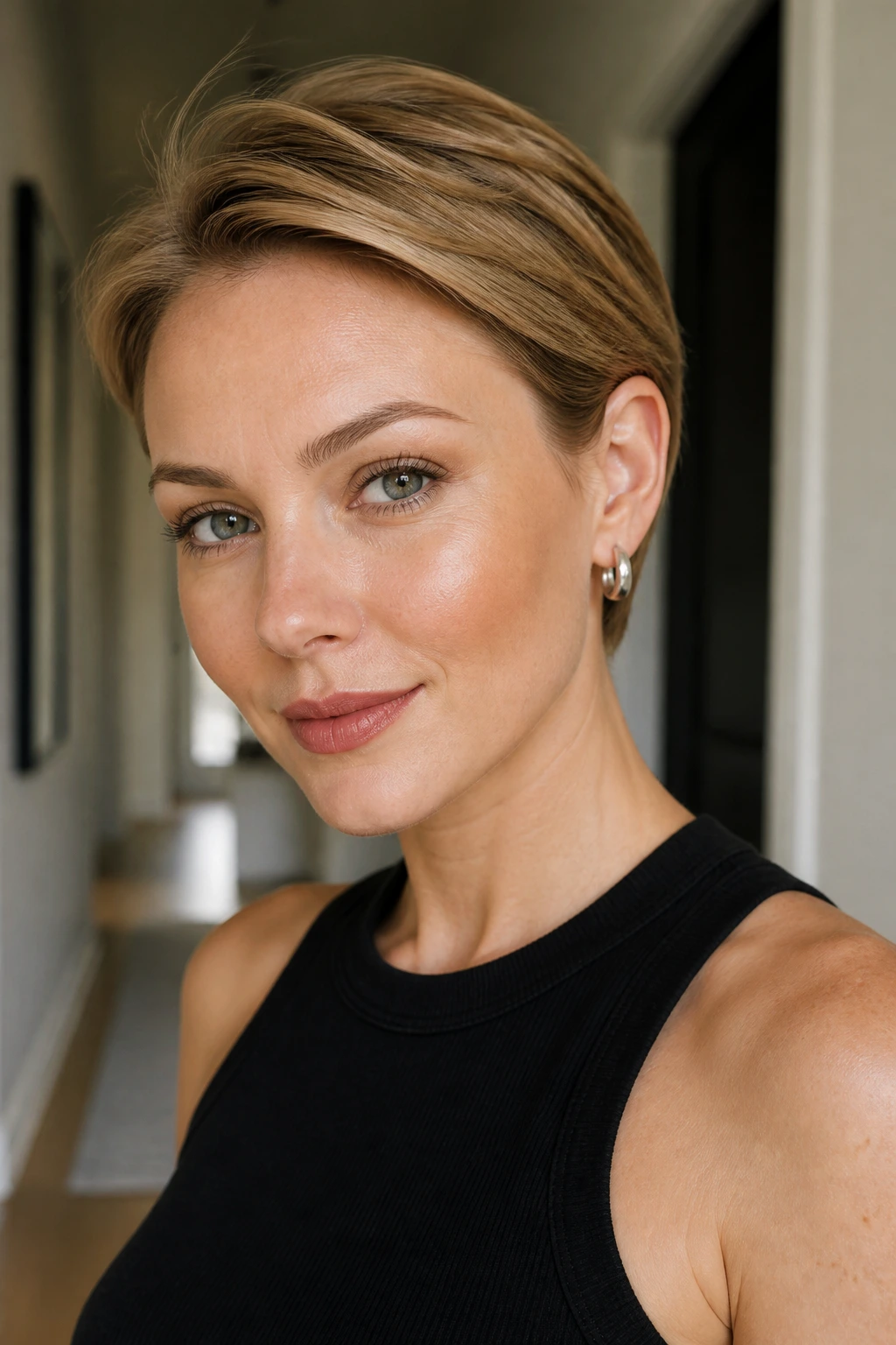 Close-up of a real woman with tucked-behind-ears crop framing the jawline