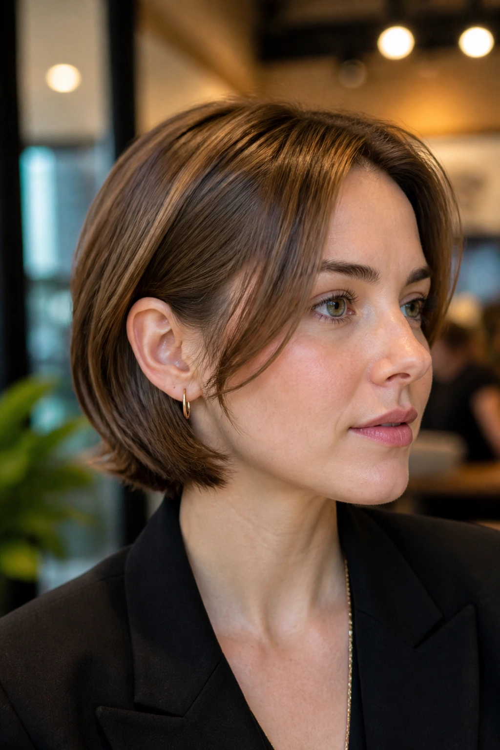Real person with tucked-behind-ears layered bob in warm ambient light