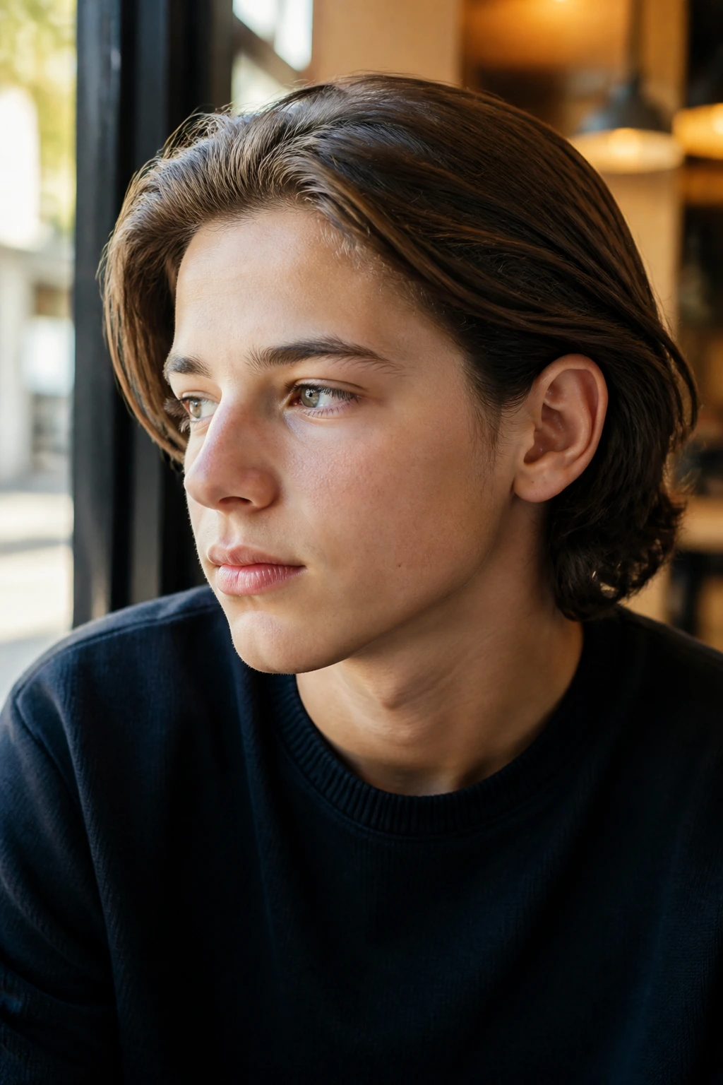 Close-up of boy with hair tucked behind ears and soft framing