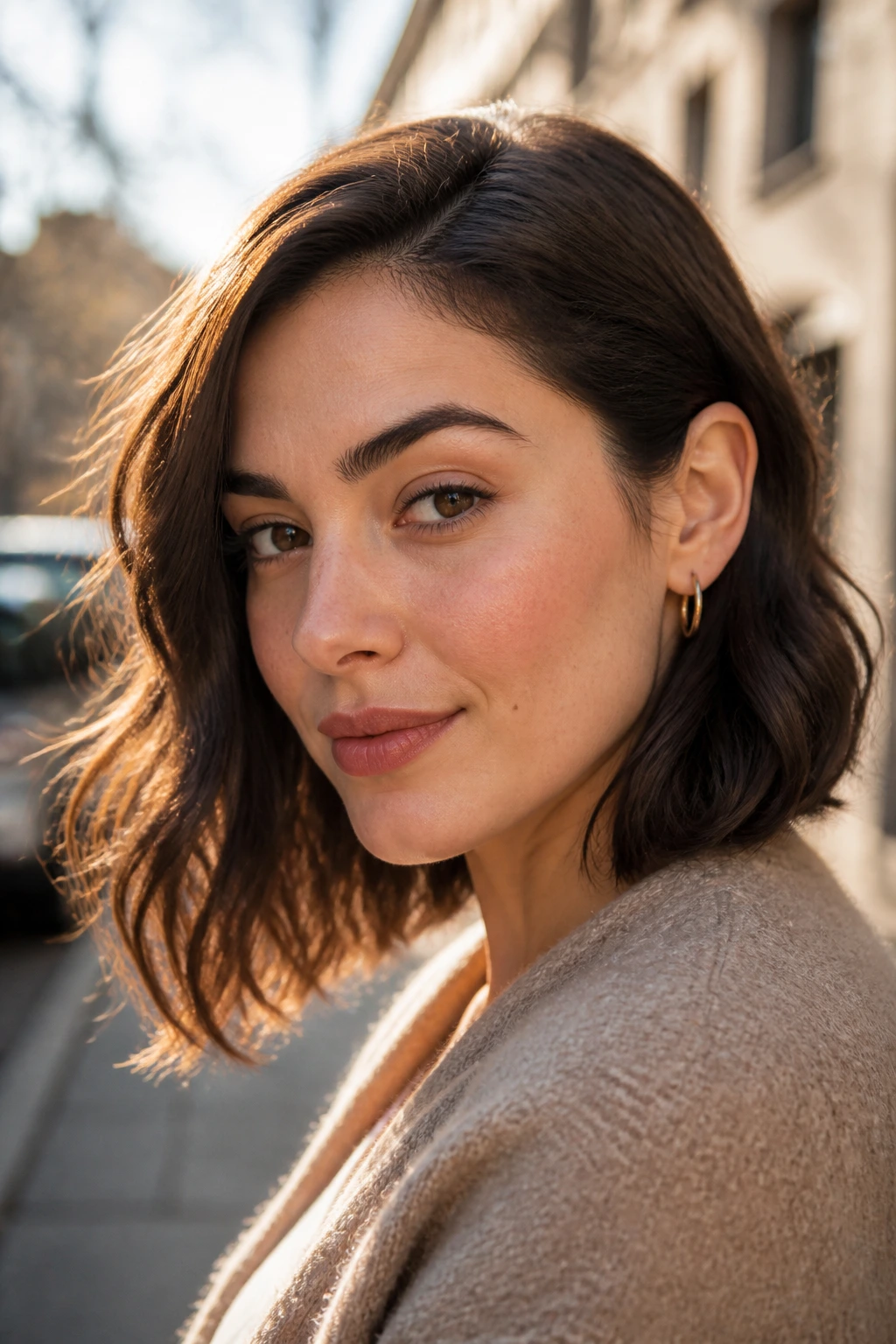 Portrait of a real woman with hair tucked behind one ear showing jawline and asymmetry