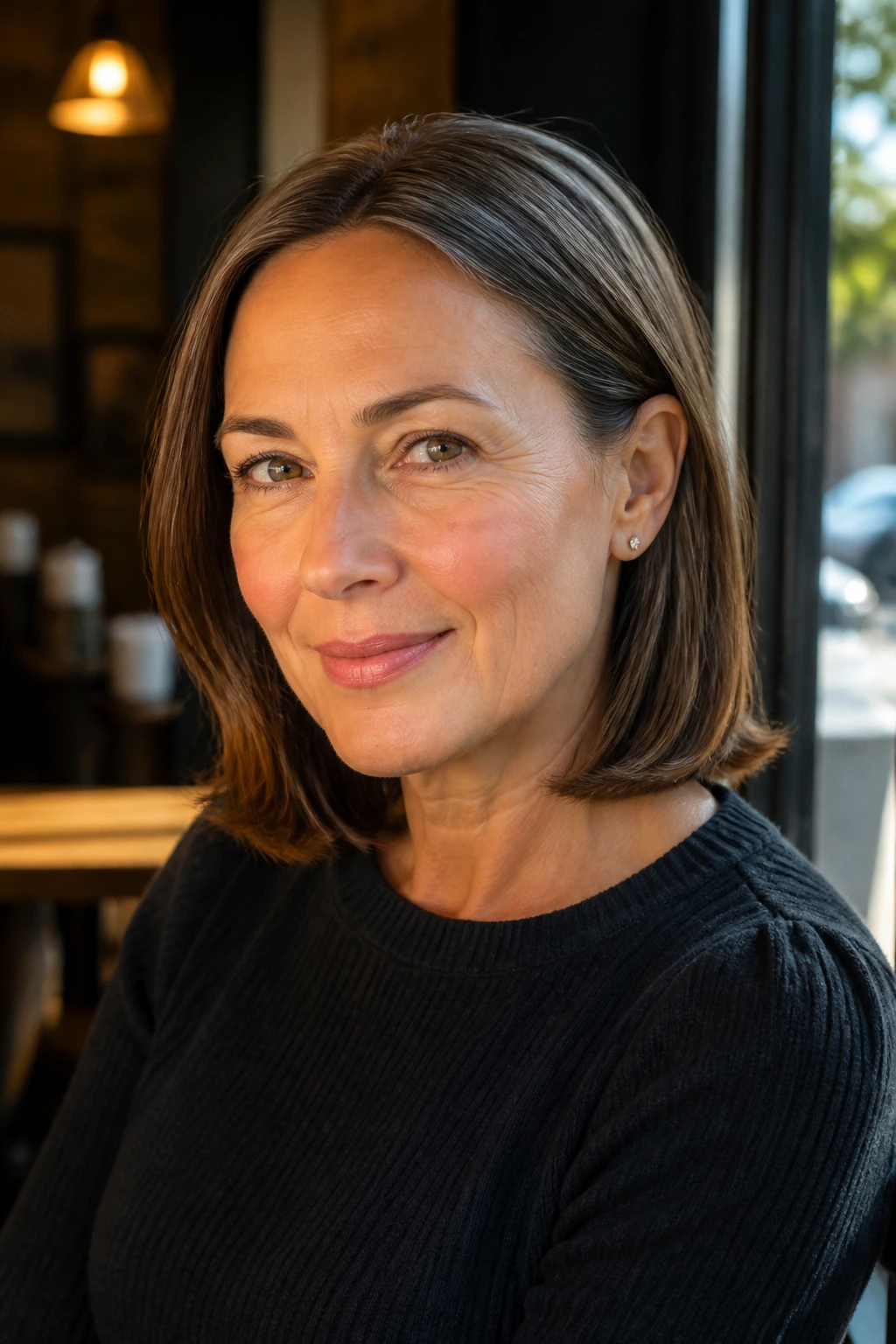 Portrait of a real woman with a long bob tucked behind the ears
