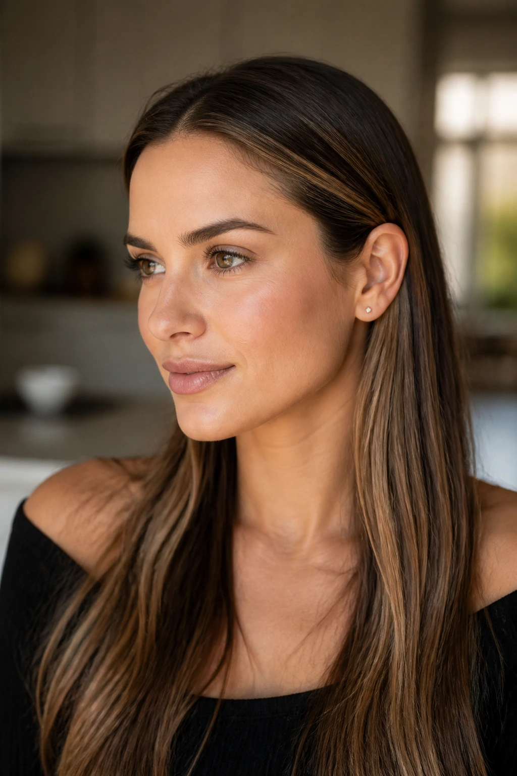 Close-up portrait of a real woman with hair tucked behind ears and visible babylights