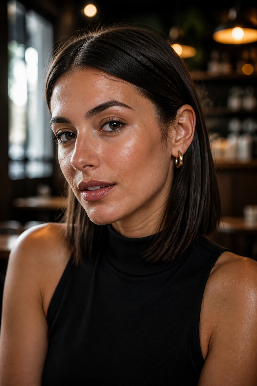 Real woman with a tucked-behind-ears sleek cut on olive skin