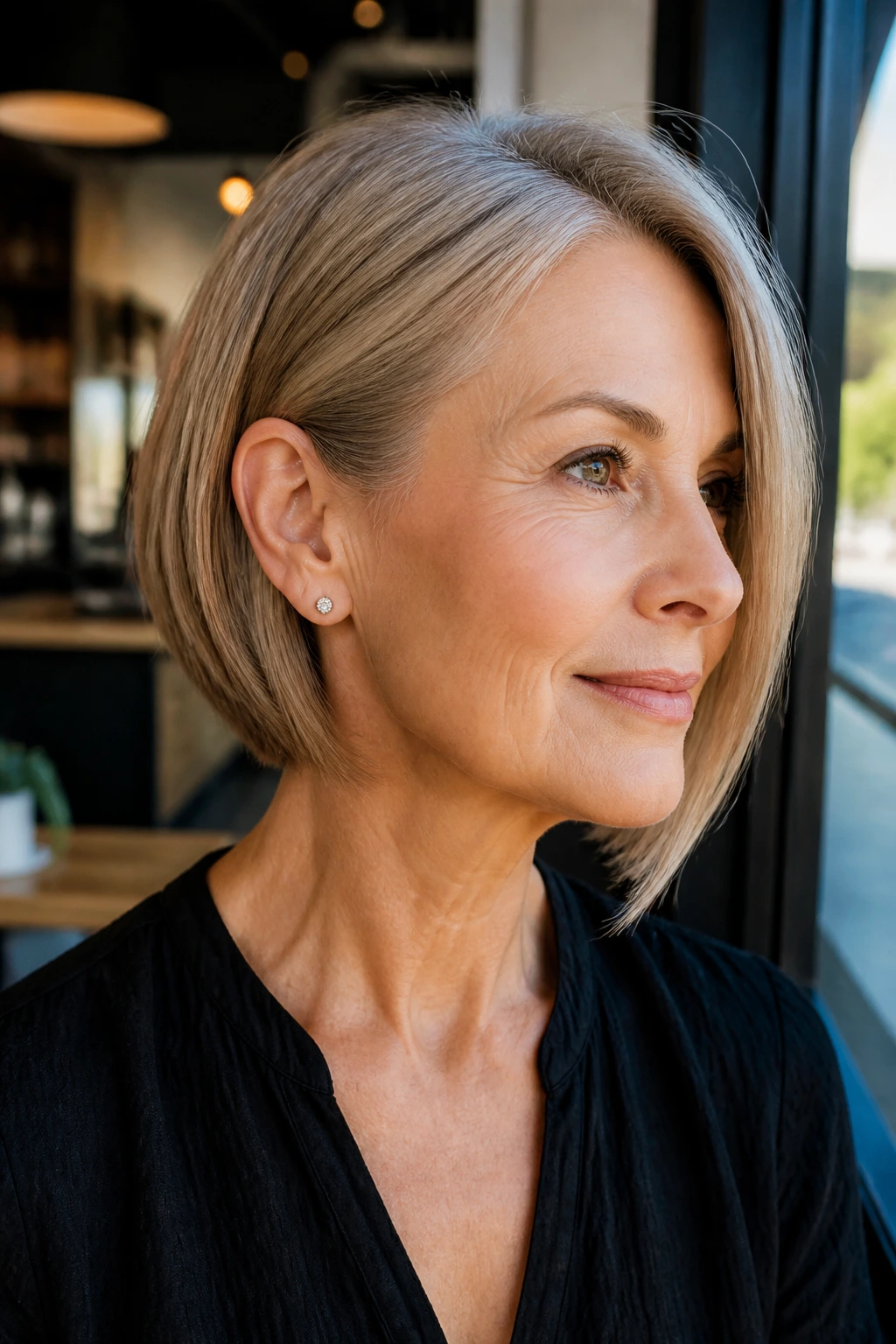 Close-up of a real woman with her inverted bob tucked behind the ear