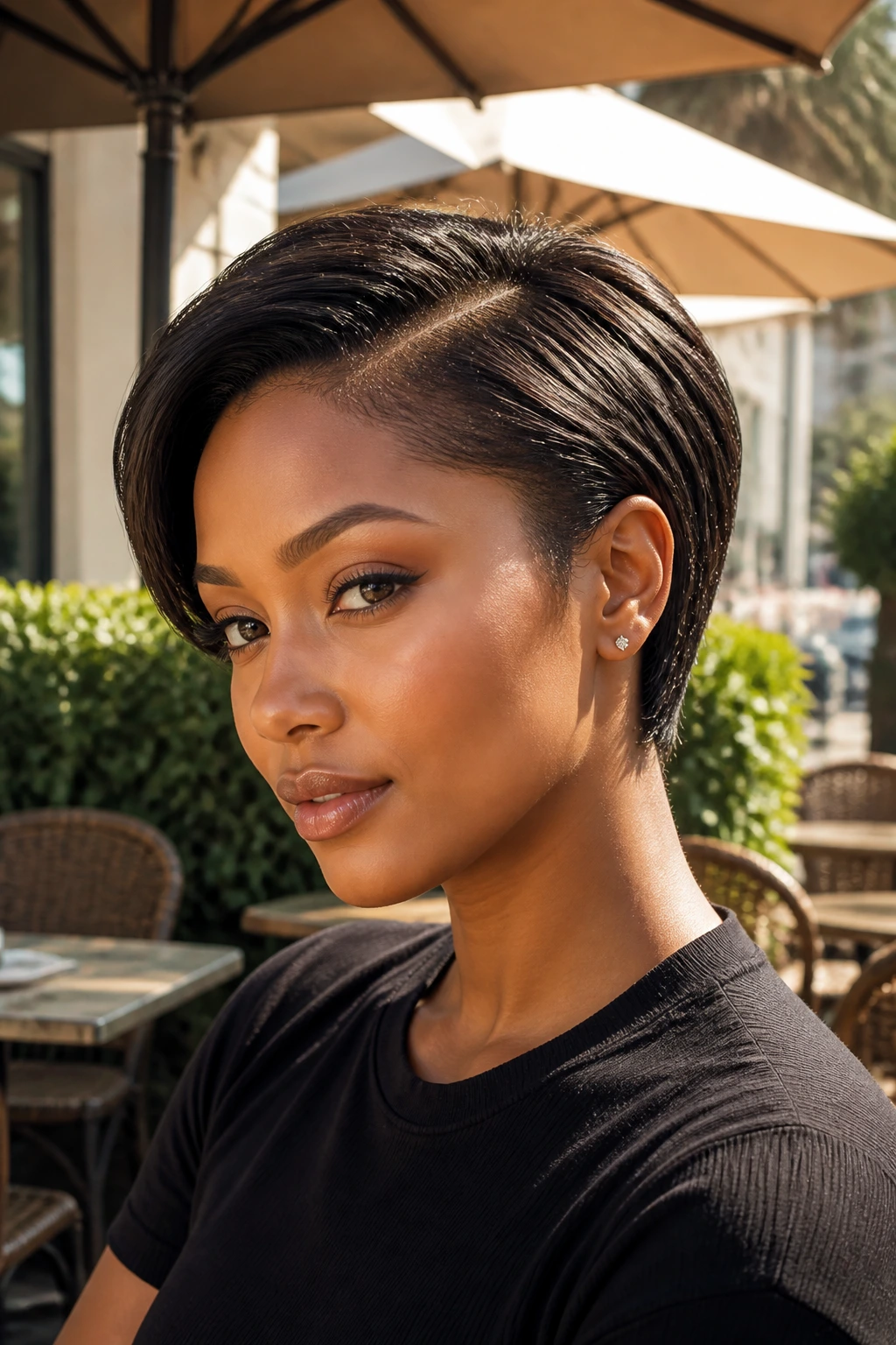 Close-up of a Black woman with a tucked-behind-the-ear two-block hairstyle