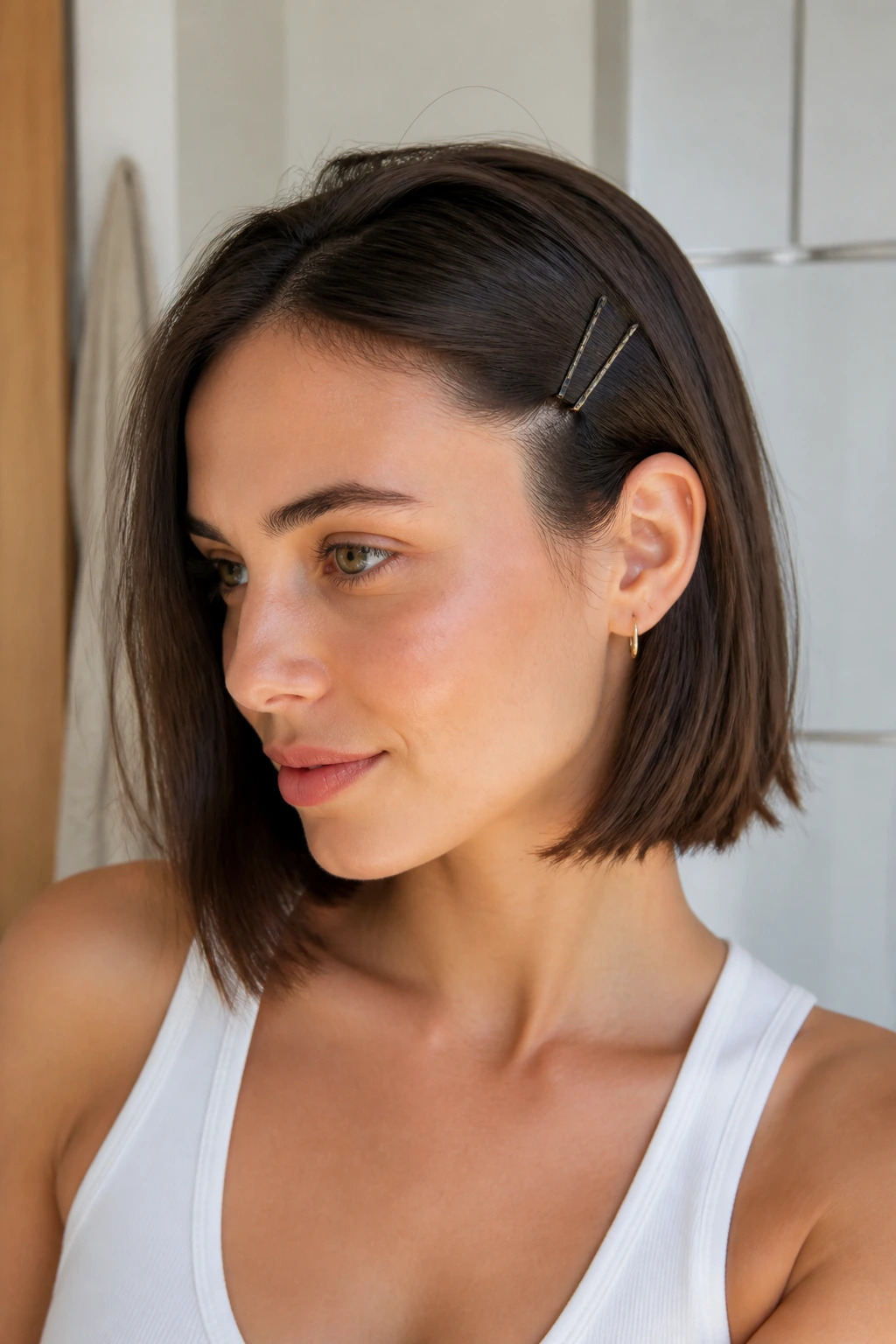 Close-up of a real woman with a bob and one side tucked behind the ear