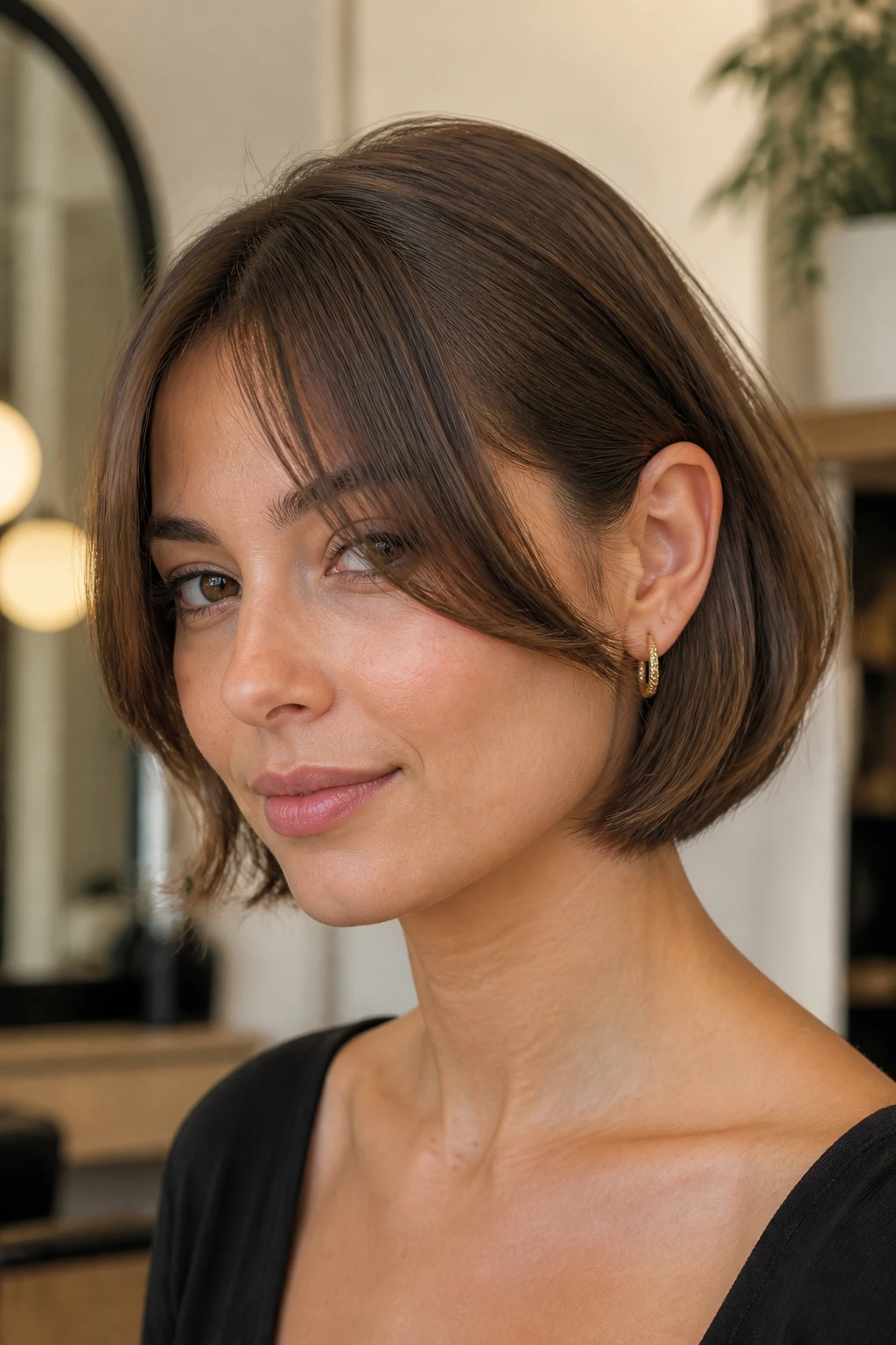 Close-up portrait of a real woman with tucked bob and long curtain bangs