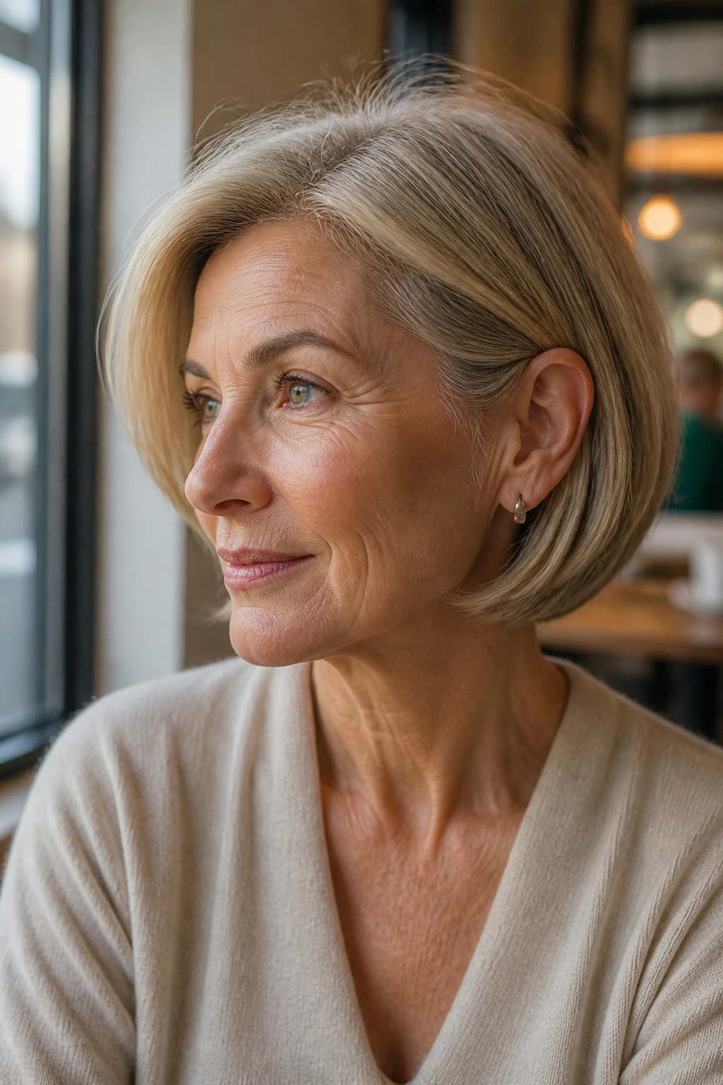 Close-up portrait of a real woman with a tucked bob and ear-grazing layers.