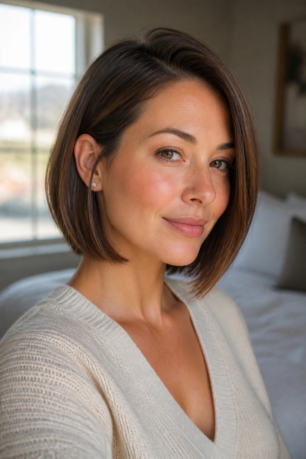 Close-up portrait of a real woman with a tucked bob and ear-skimming fronts in soft bedroom light.