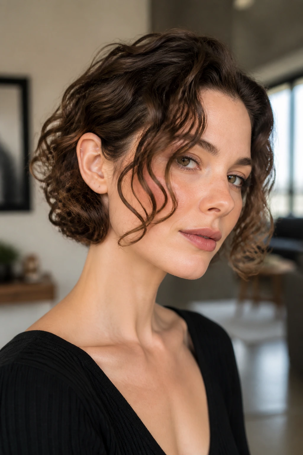 Portrait of a real woman with a tucked bob and face-framing pieces showing tucked hair behind the ear.