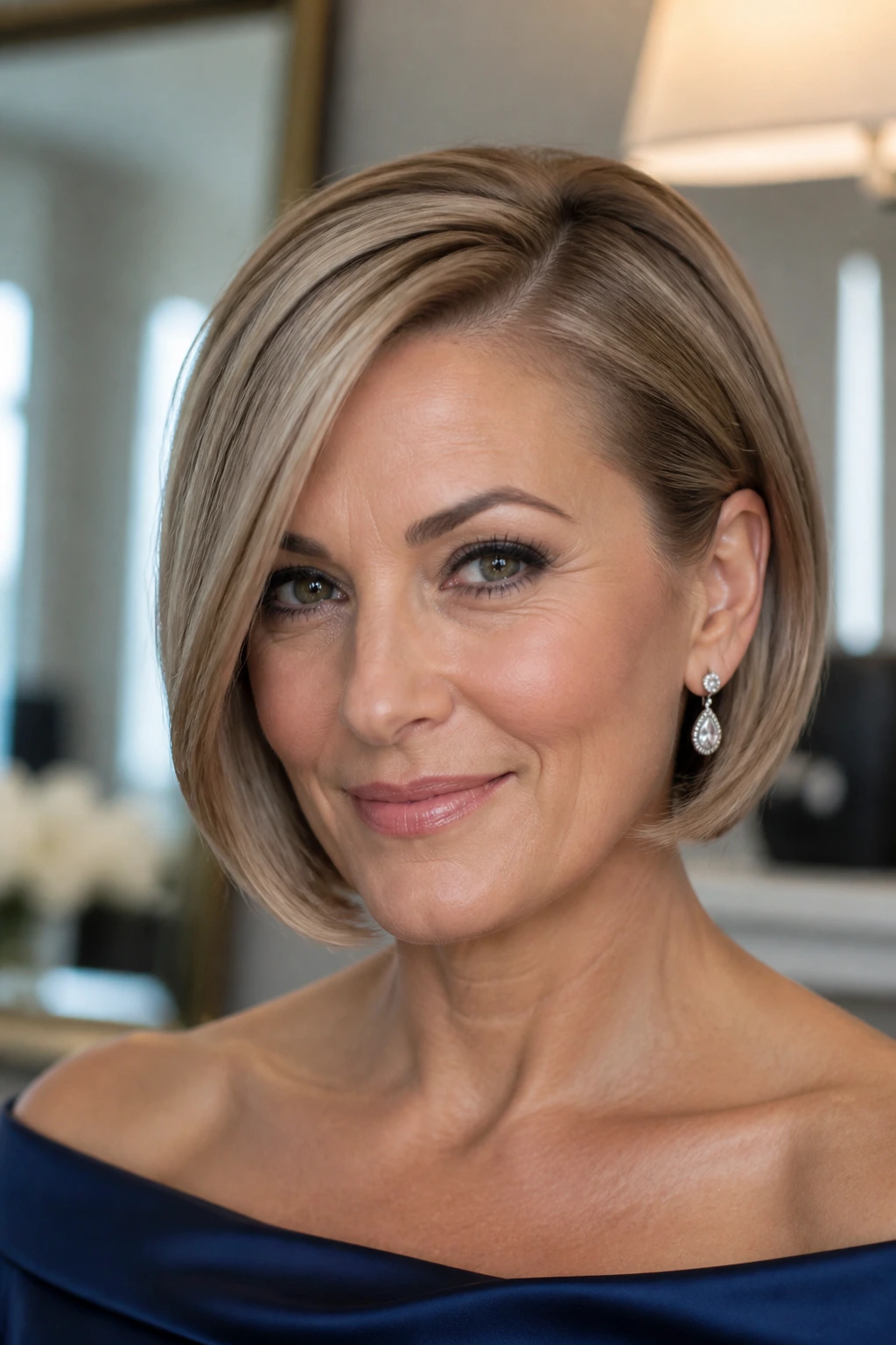 Close-up of a real woman with a glossy tucked bob hairstyle