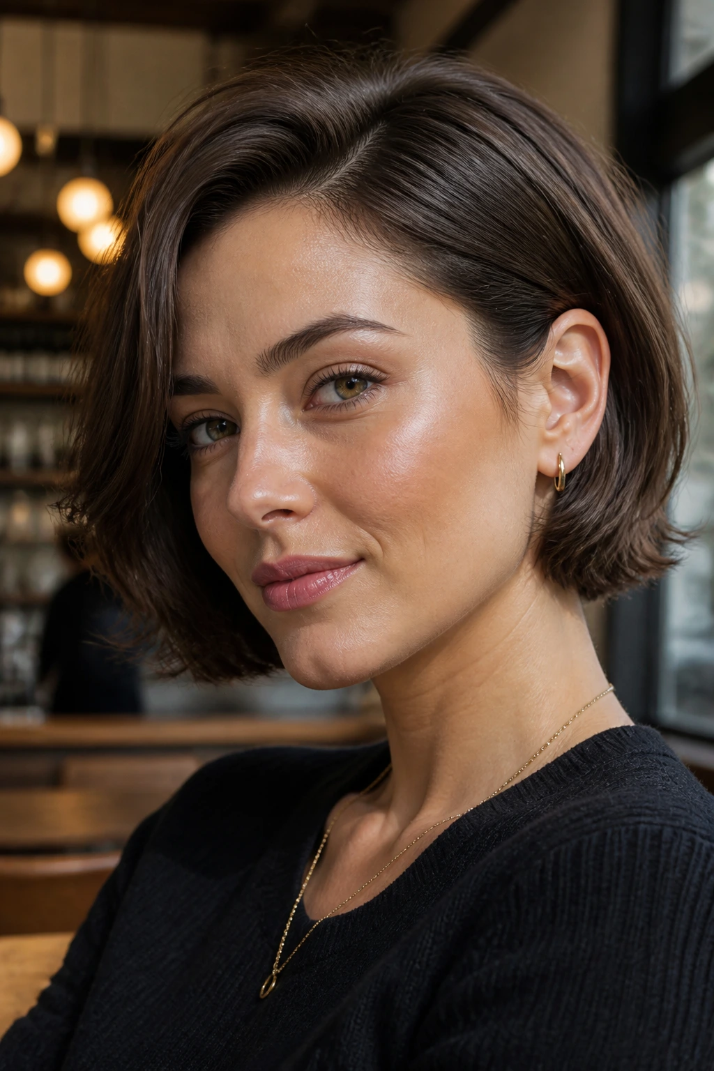 Close-up of a woman with a tucked bob showing the jawline in warm cafe light