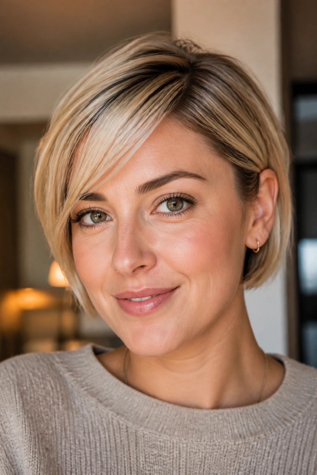 Portrait of a woman with a tucked bob and side fringe