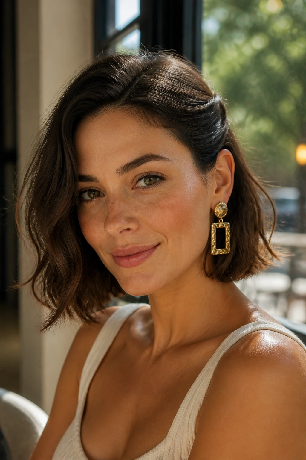 Close-up portrait of a woman with a tucked bob and a statement ear in warm window light.