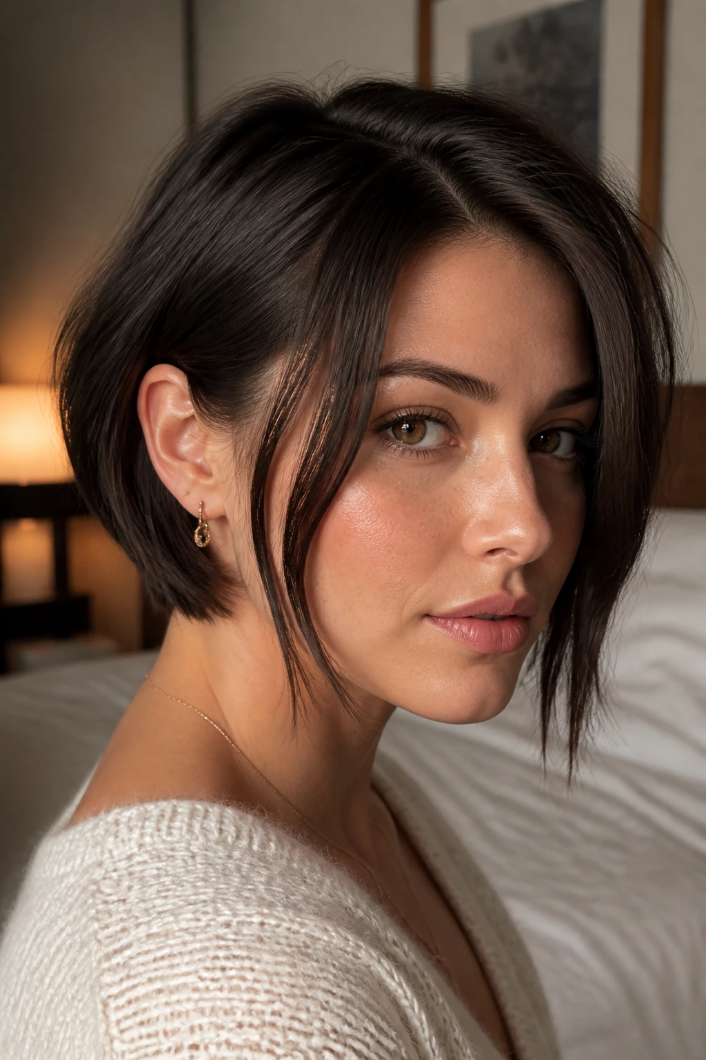 Portrait of a real woman with a tucked temple bob, ear tucked behind and longer side visible