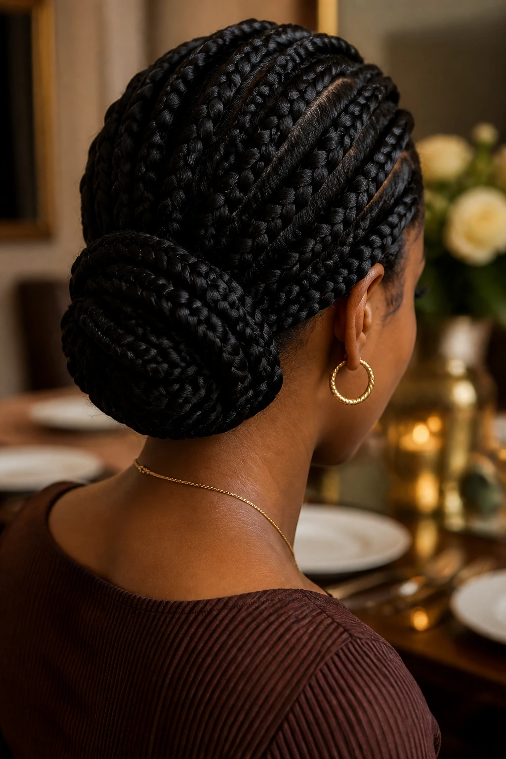 Woman with tucked braided chignon at the nape
