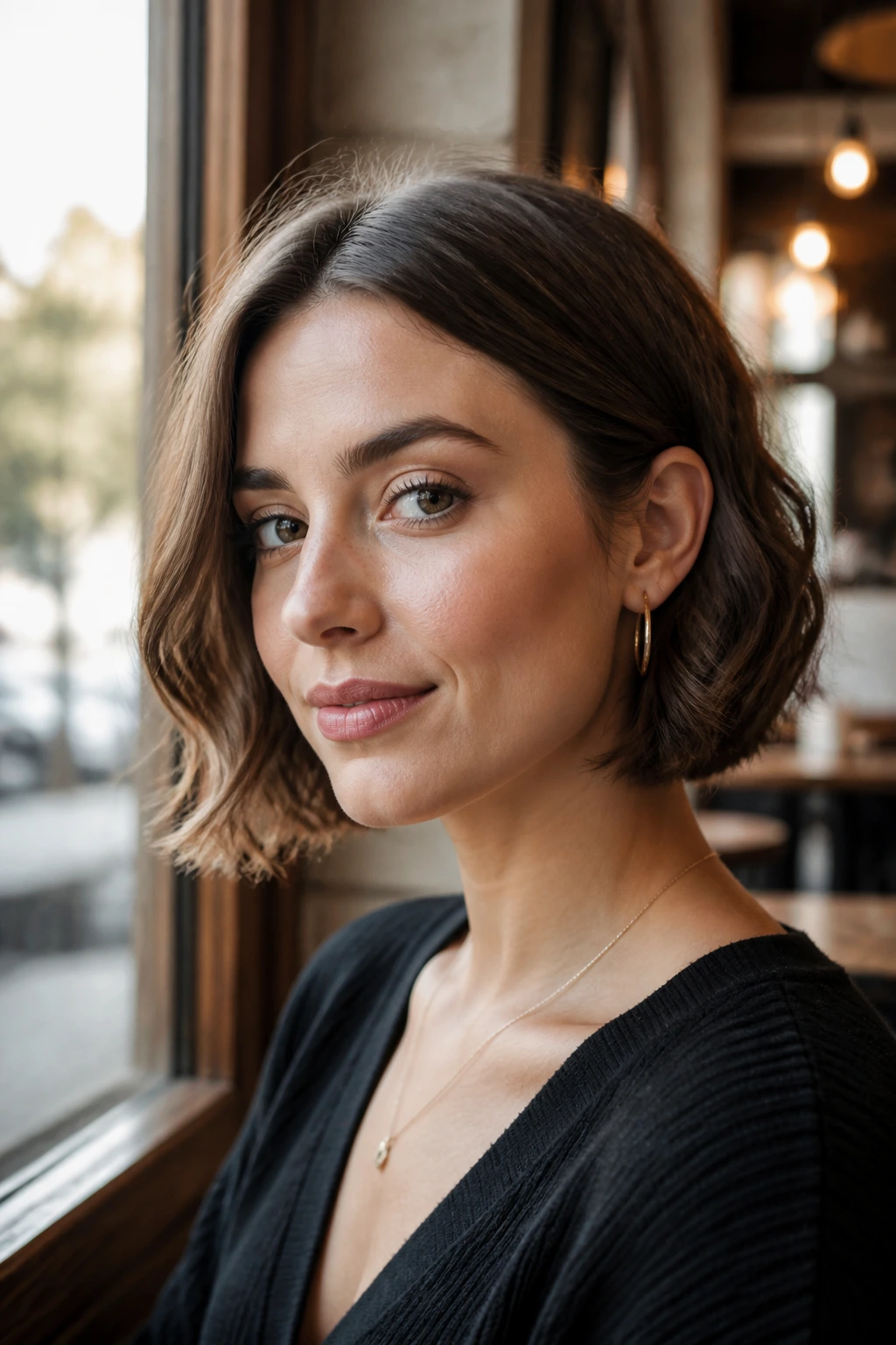 Portrait of a real woman with a tucked center bob behind one ear at a cafe window.