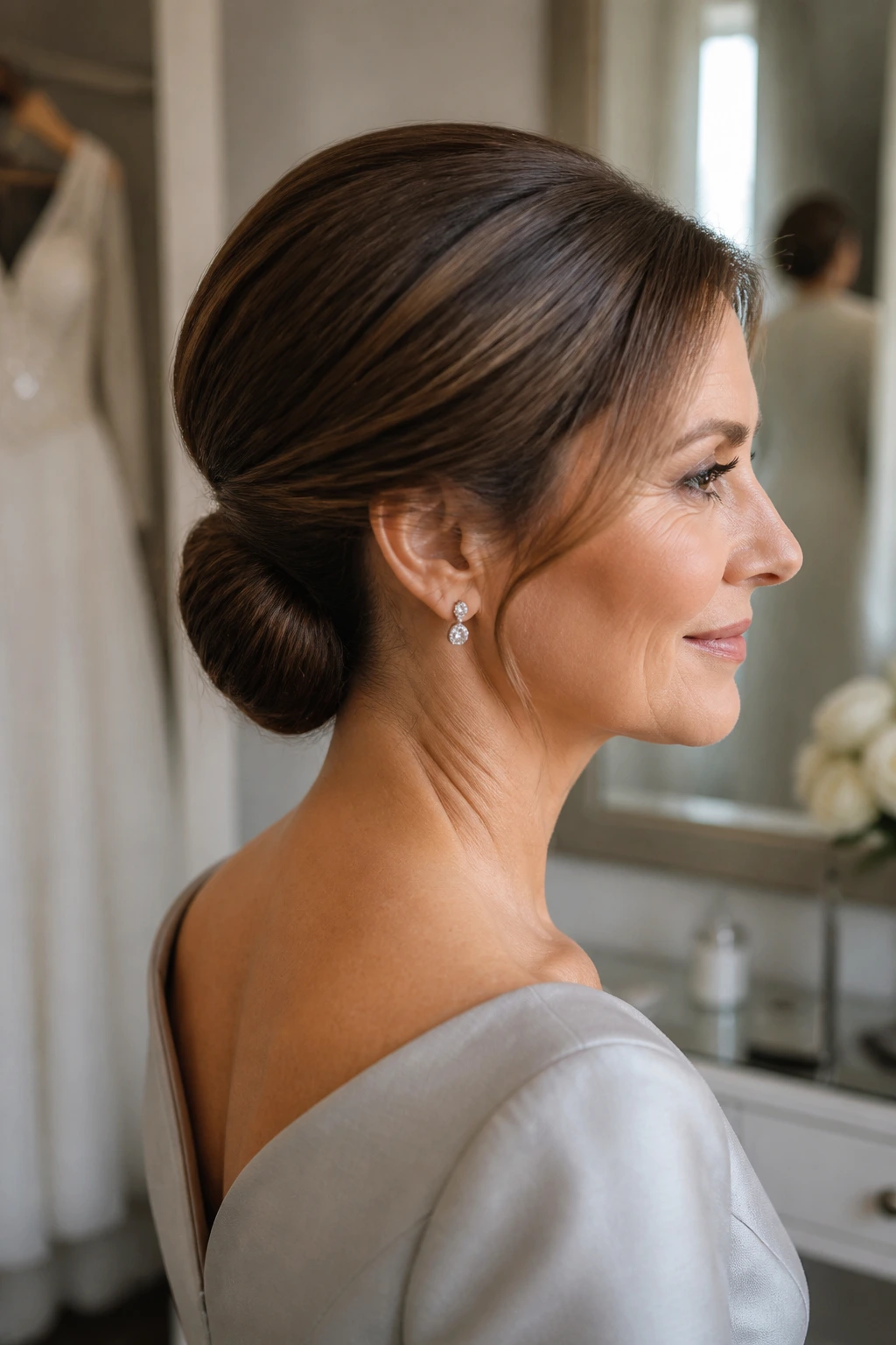 Close-up of a real woman with a modern tucked chignon at the nape in a bridal dressing room