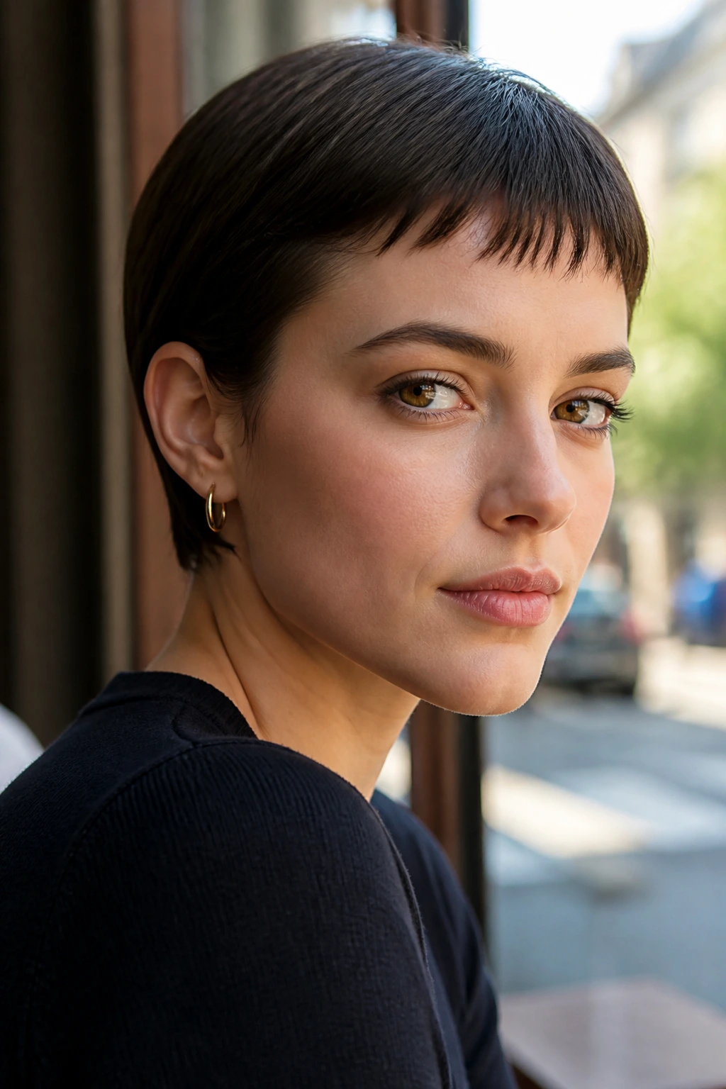 Close-up of a real person with a tucked-behind-ears crop and baby bangs in warm daylight