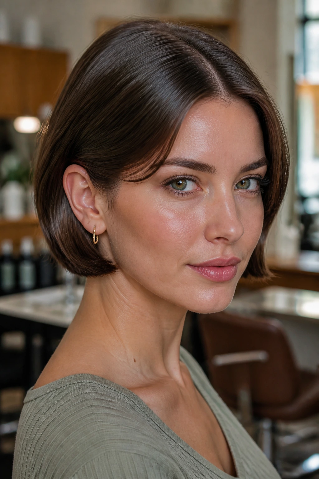 Close-up of a real woman with a tucked ear-length crop and glossy ends, centered part