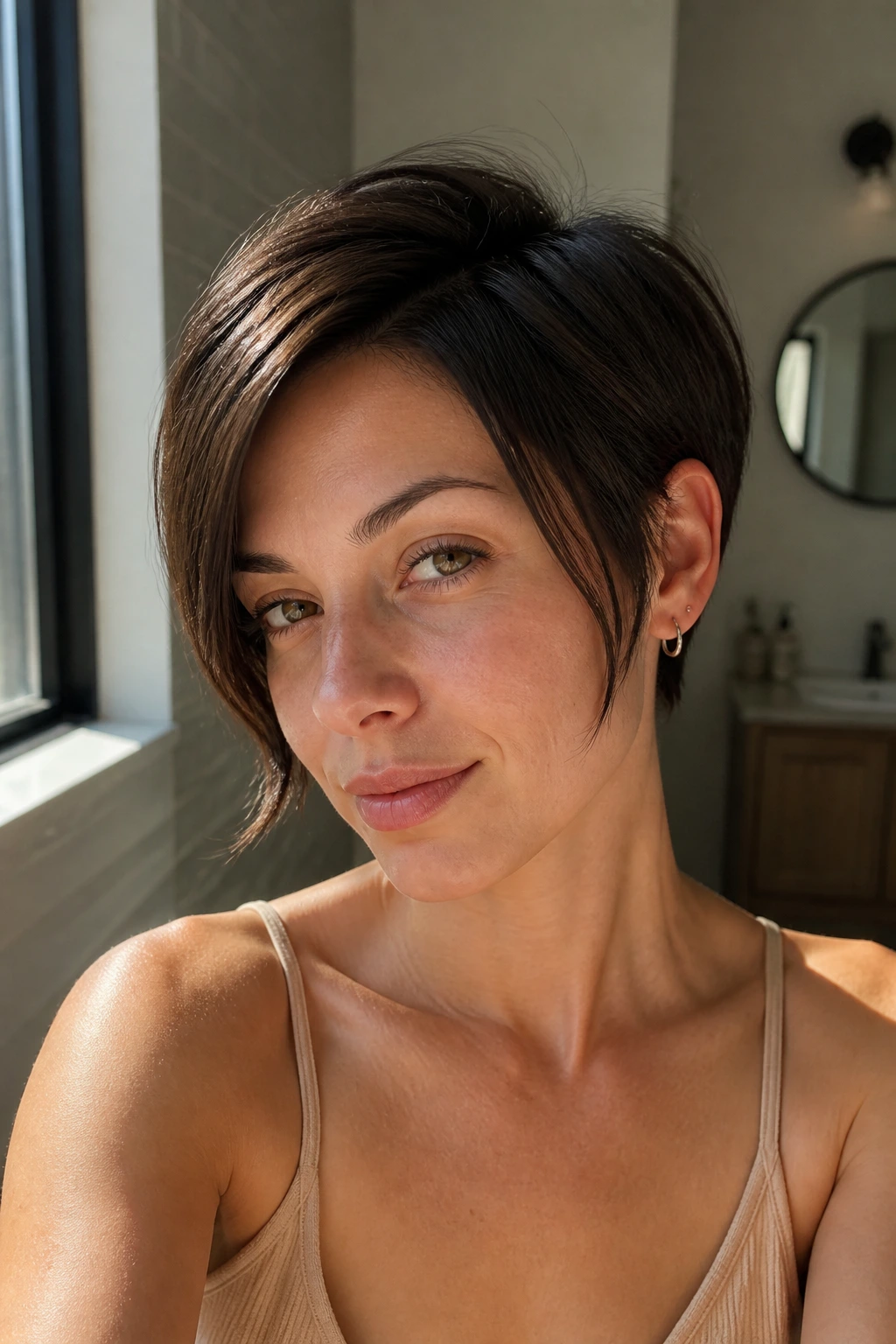 Portrait of a real woman with a tucked crop haircut behind the ears and temple-length pieces framing the face
