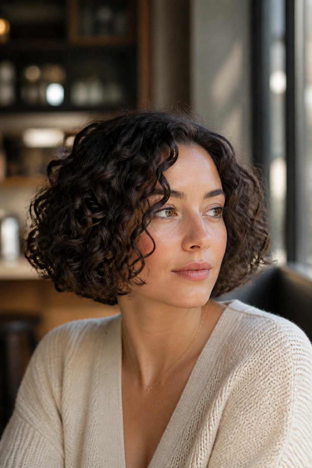 Close-up portrait of a real person with a tucked curly bob framing the chin