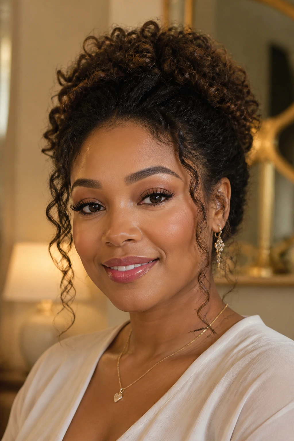 Real woman wearing a tucked curly updo with front face-framing tendrils.