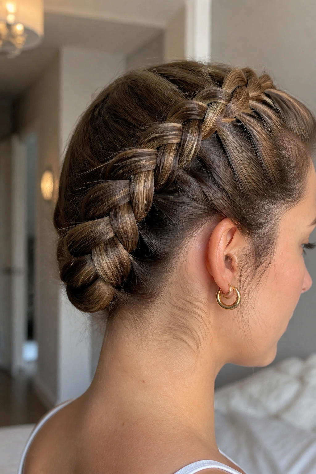 Side profile of a real person showing a tucked-end Dutch braid at the nape